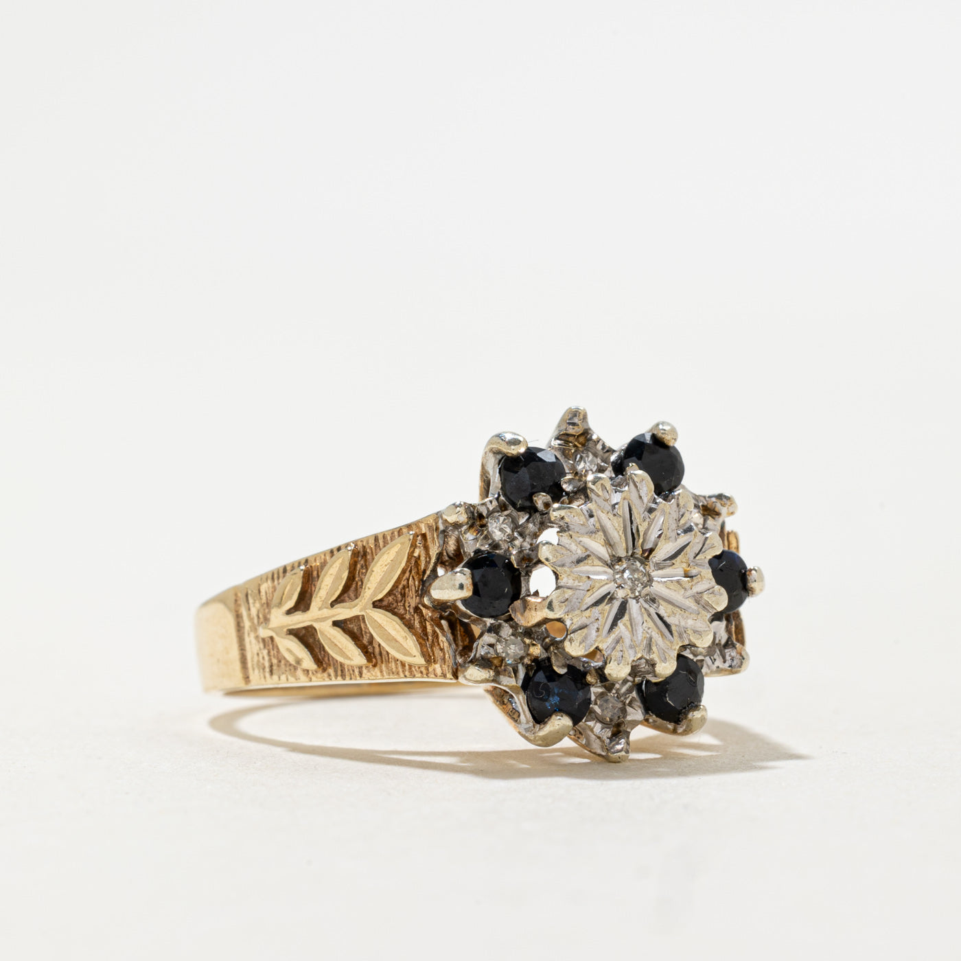 1978 London 9K Sapphire & Diamond Floral Cluster Ring | 0.30ctw, 0.04ctw | SZ 7.5