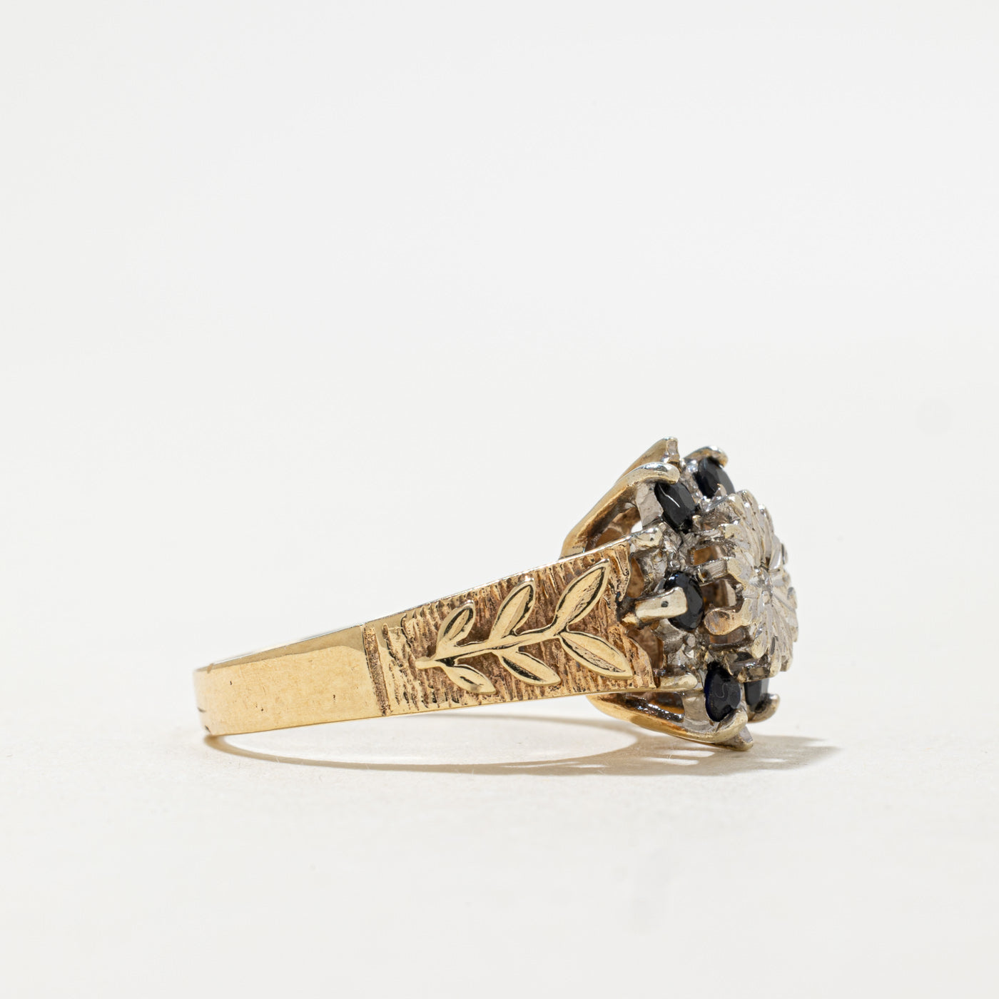 1978 London 9K Sapphire & Diamond Floral Cluster Ring | 0.30ctw, 0.04ctw | SZ 7.5