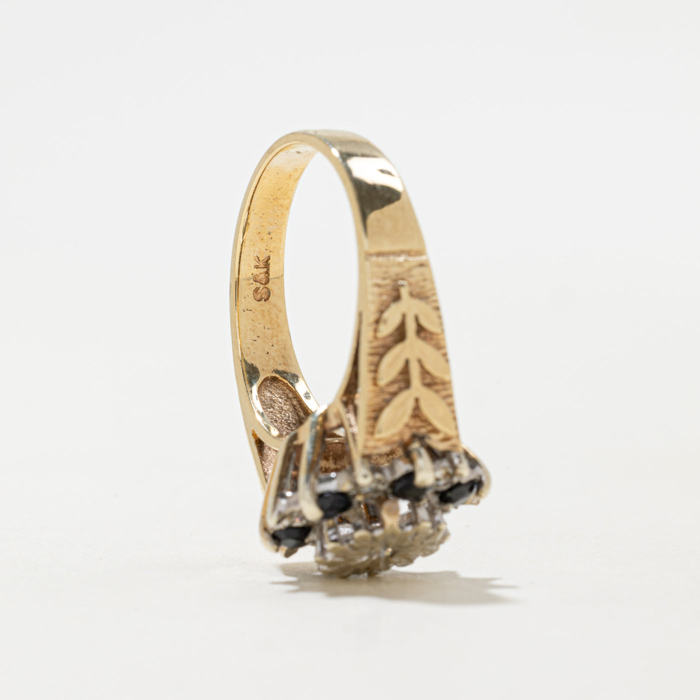 1978 London 9K Sapphire & Diamond Floral Cluster Ring | 0.30ctw, 0.04ctw | SZ 7.5