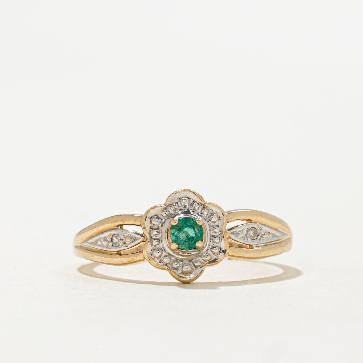 London 9K Emerald & Diamond Floral Ring | 0.1ct, 0.01tw | SZ 5.75