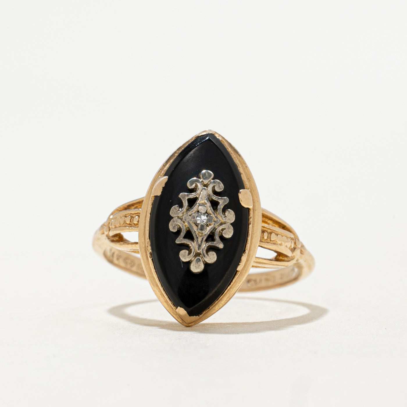 Vintage Canadian 14K Onyx & Diamond Navette Ring | 2.62ct, 0.02ct | SZ 5.75
