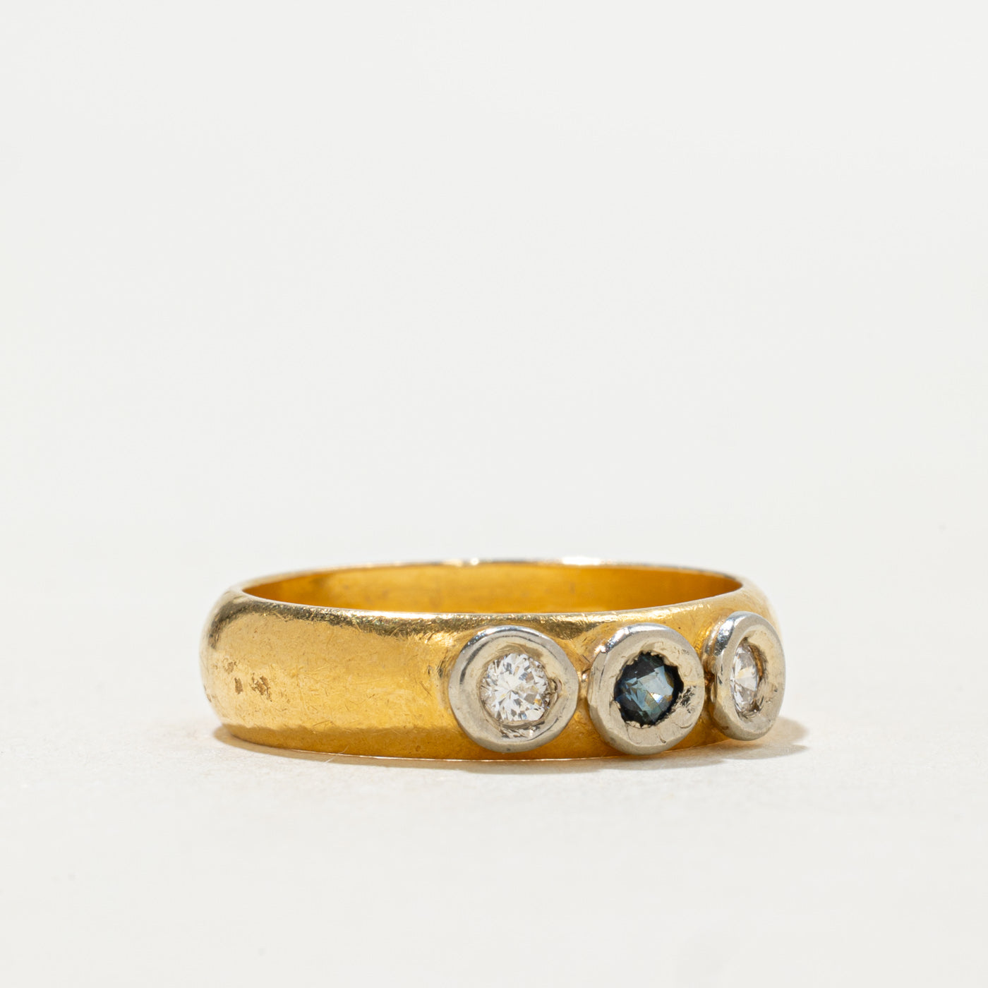 1966 London 22K Three Stone Sapphire & Diamond Band | 0.075ct, 0.10ctw | SZ 5