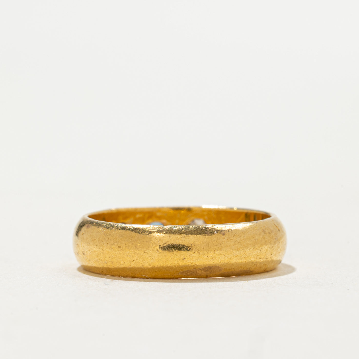 1966 London 22K Three Stone Sapphire & Diamond Band | 0.075ct, 0.10ctw | SZ 5