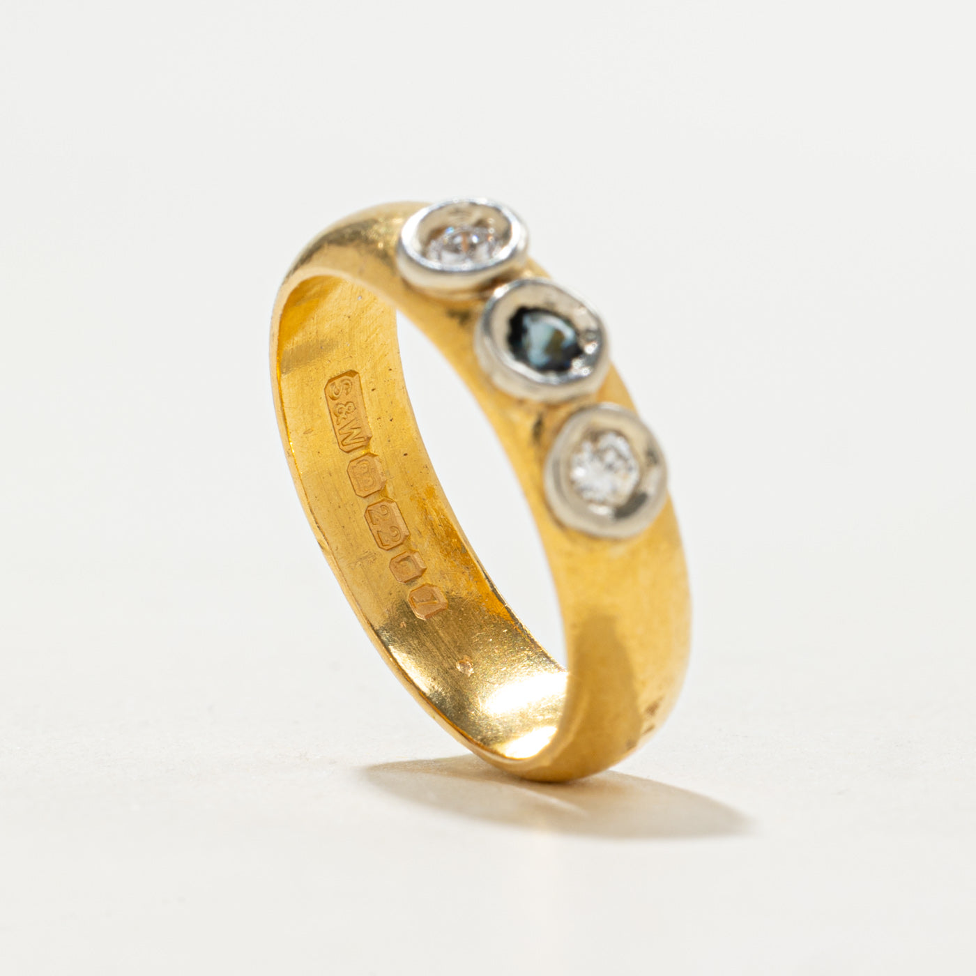 1966 London 22K Three Stone Sapphire & Diamond Band | 0.075ct, 0.10ctw | SZ 5