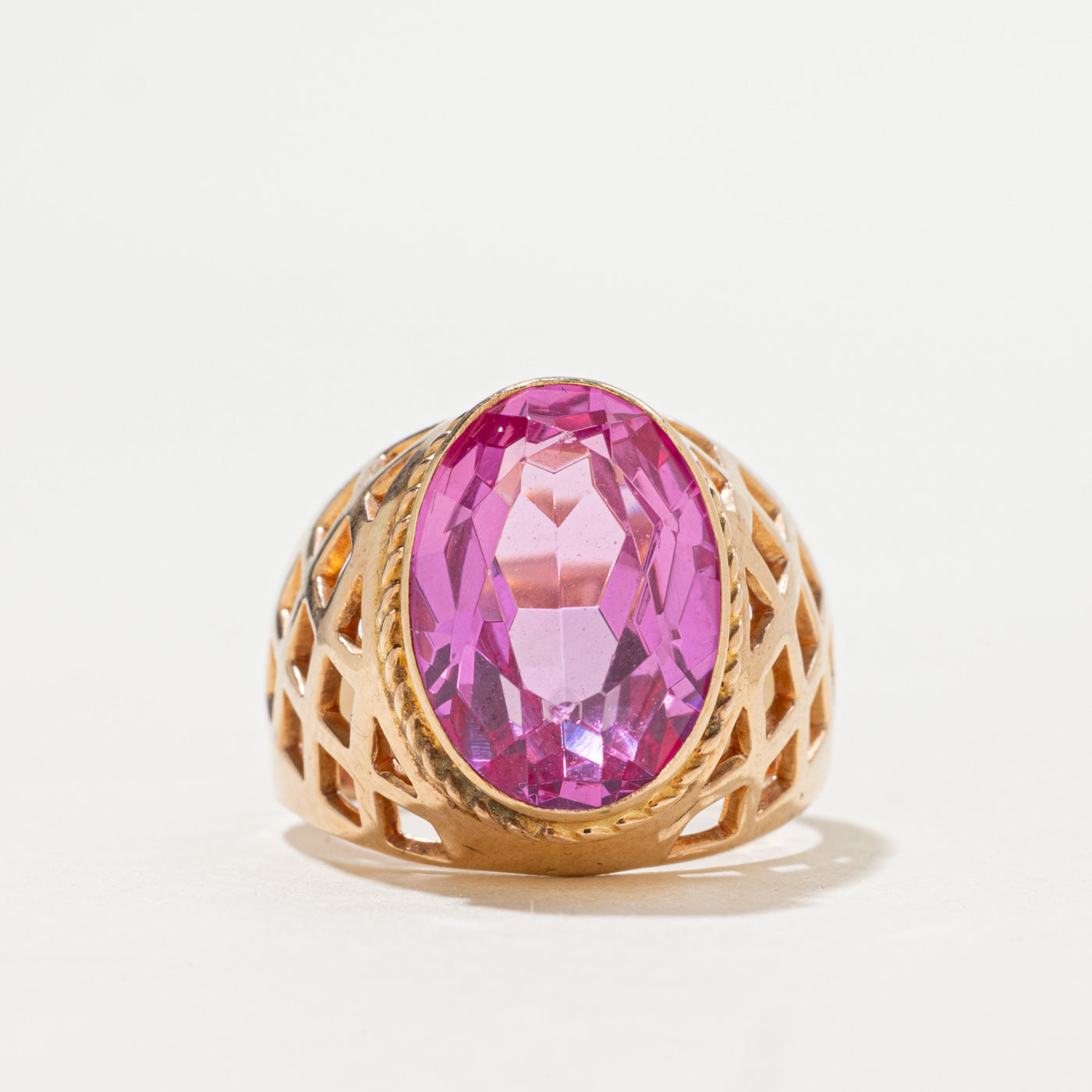 1978 Georgian 14K Synthetic Pink Sapphire Openwork Ring | 6ct | SZ 6.5