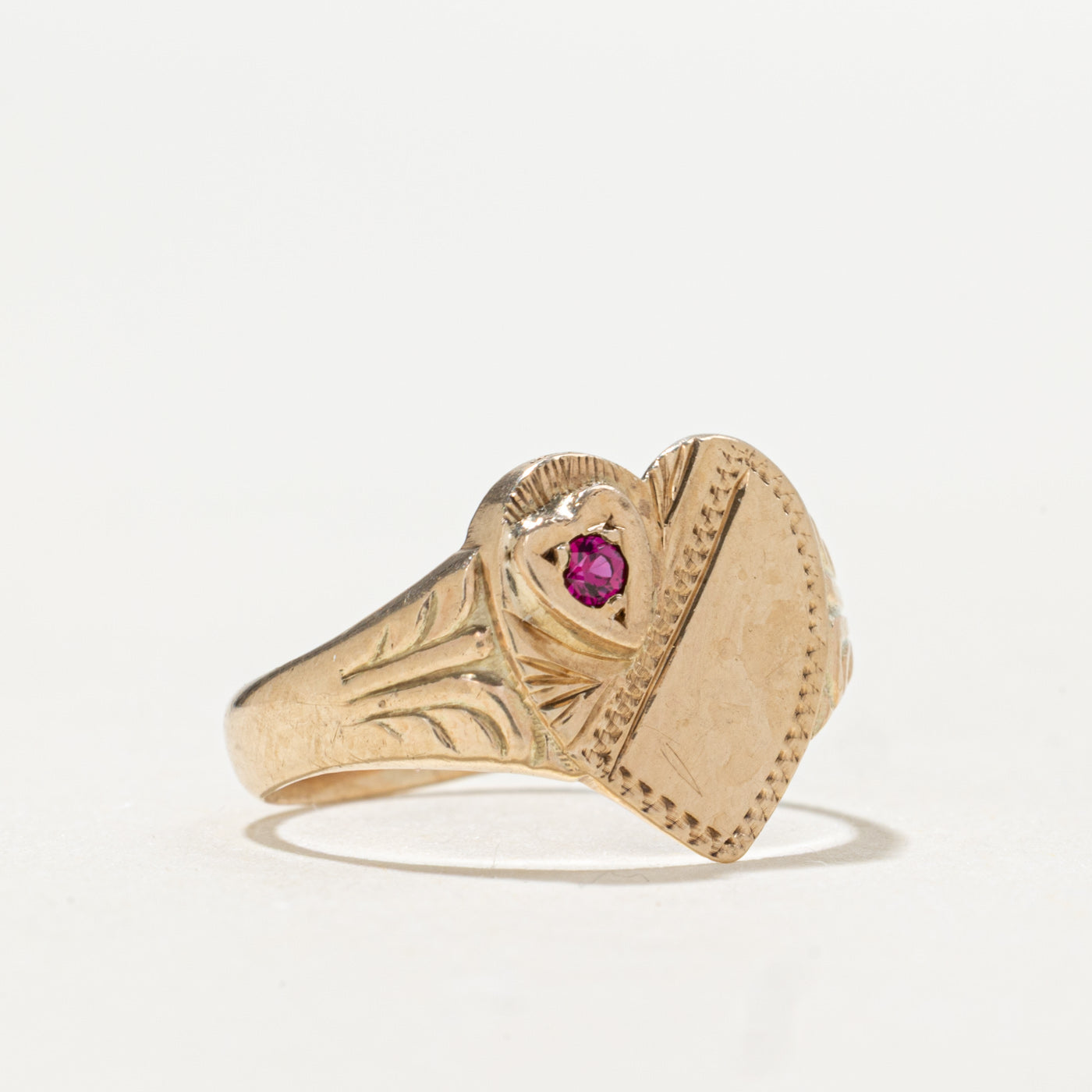 9K Synthetic Ruby Milgrain Heart Signet Ring | 0.01ct | SZ 3.5