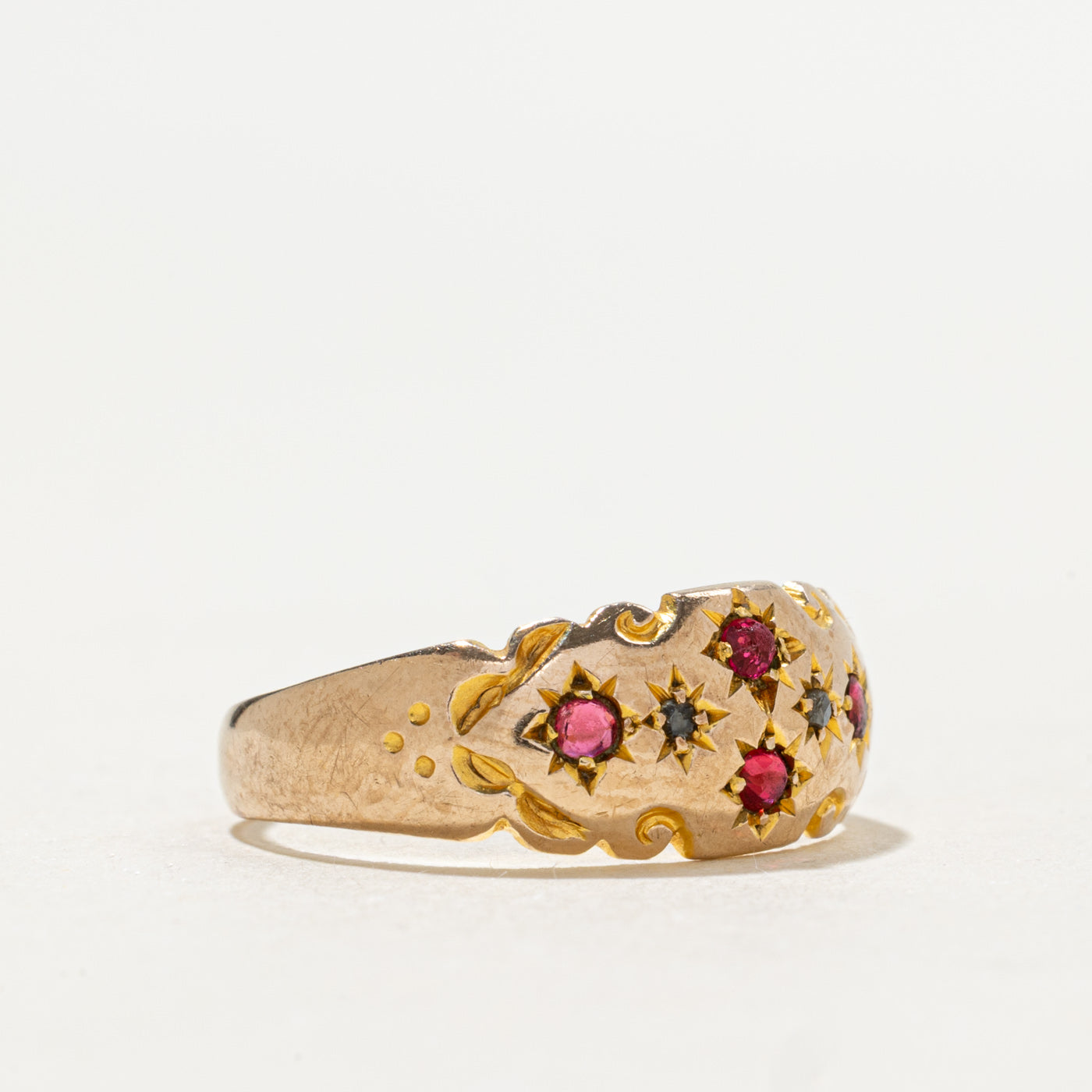 Antique Chester 9K Red Glass & Rose Cut Diamond Engraved Ring | 0.20ctw, 0.01ctw | SZ 6