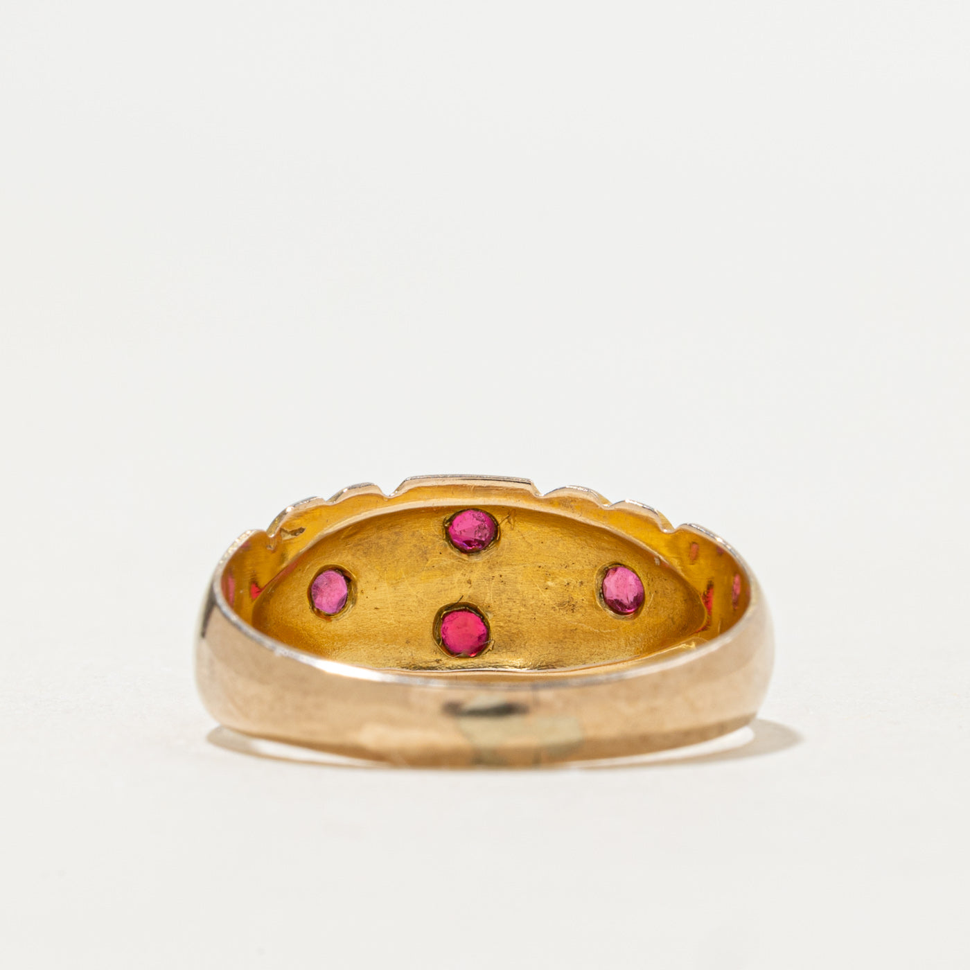 Antique Chester 9K Red Glass & Rose Cut Diamond Engraved Ring | 0.20ctw, 0.01ctw | SZ 6