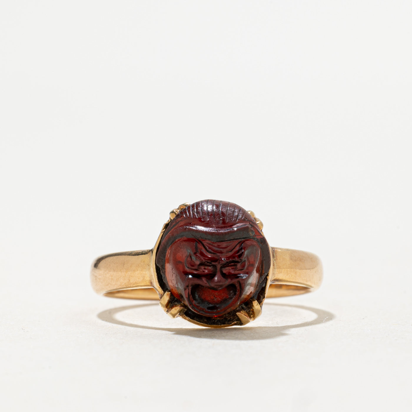 18K Carved Face Garnet Ring | 4.30ct | SZ 6.5