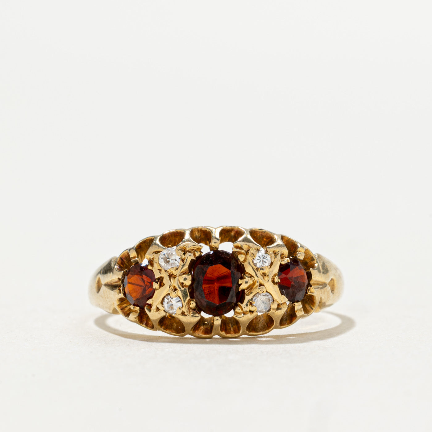 1904 Birmingham 18K Garnet & Diamond Boat Ring | 0.25ctw, 0.02ctw | SZ 7