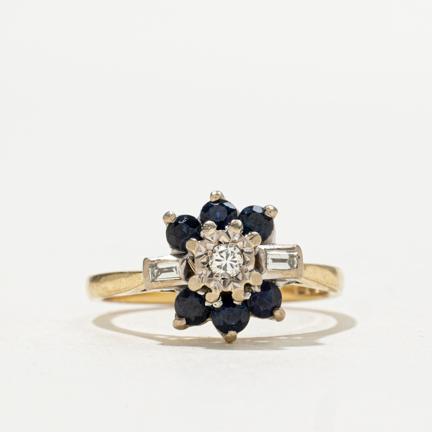 1971 London 18K Diamond & Sapphire Petal Cluster Ring | 0.10ctw, 0.30ctw | SZ 6.5