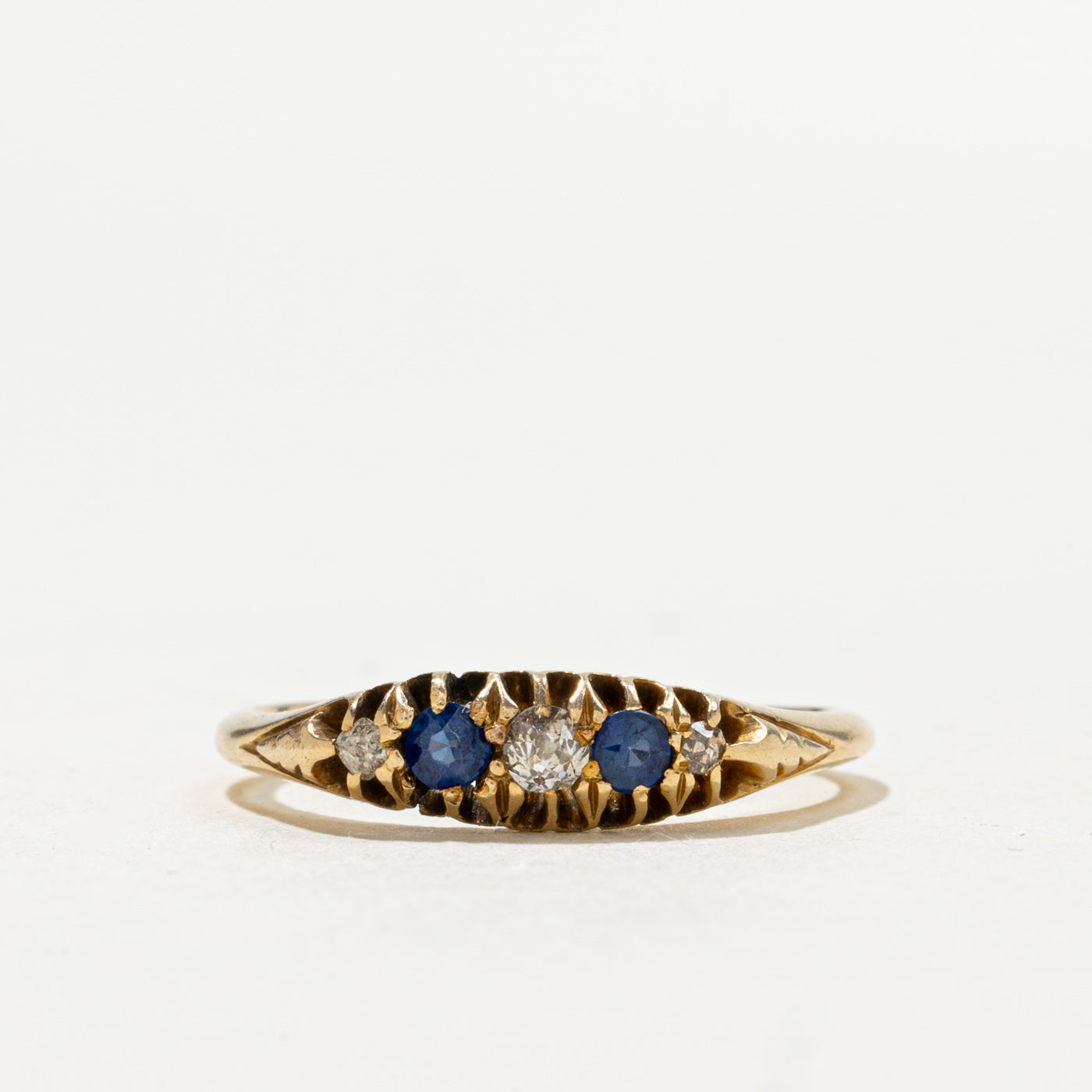 Antique UK 18K Sapphire & Diamond Boat Ring | 0.06ctw, 0.10ctw | SZ 6.5