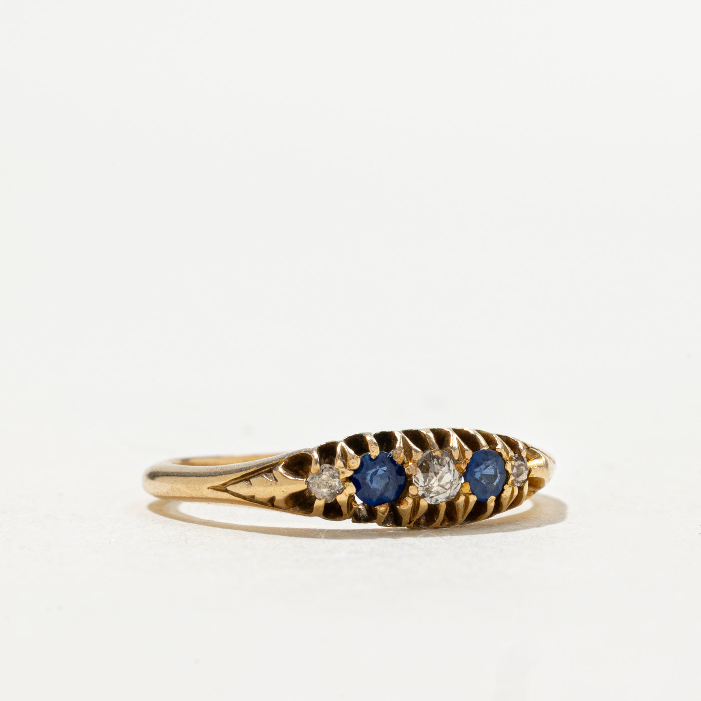 Antique UK 18K Sapphire & Diamond Boat Ring | 0.06ctw, 0.10ctw | SZ 6.5