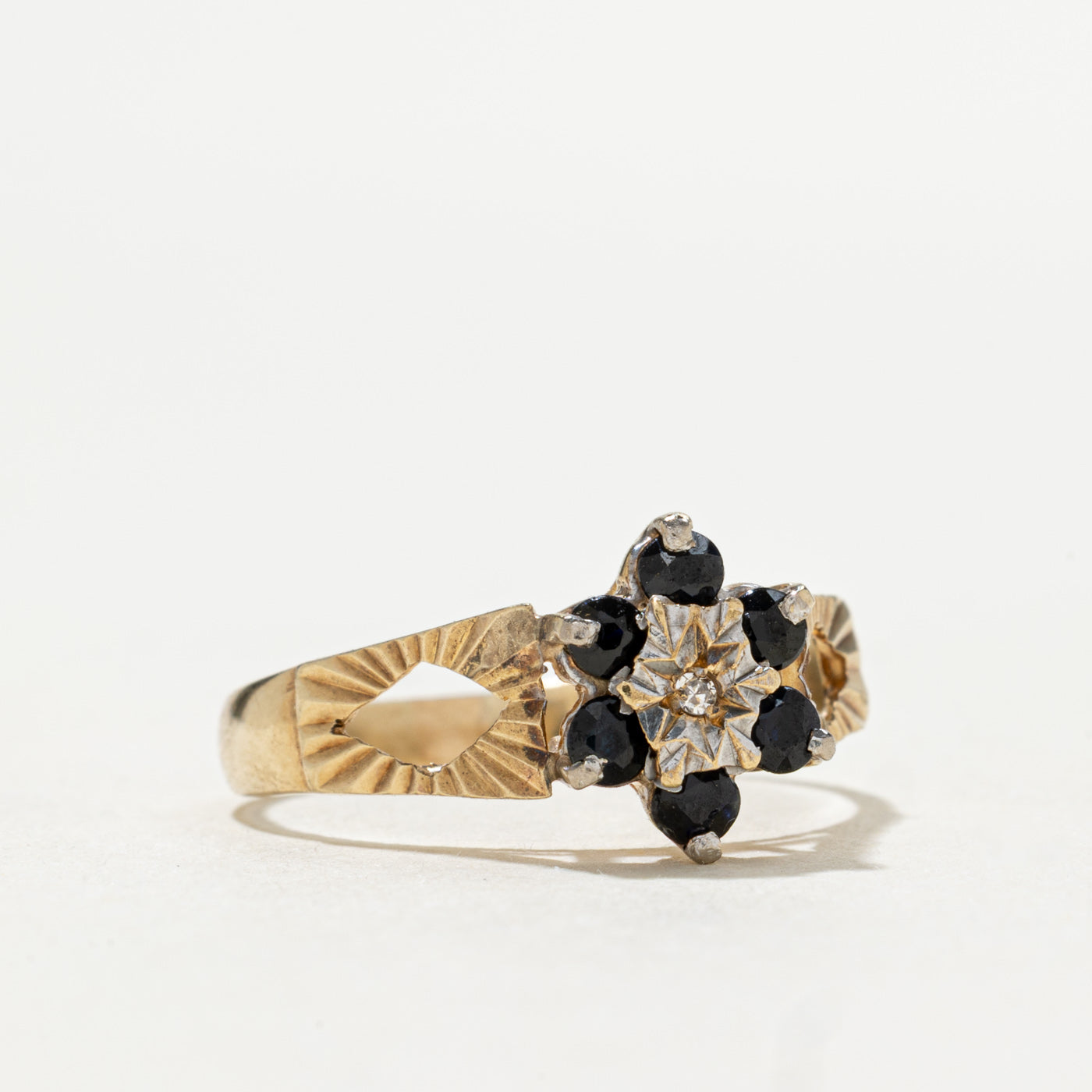 1975 London 9K Sapphire & Diamond Floral Cluster Ring | 0.30ctw, 0.10ct | SZ 7.75