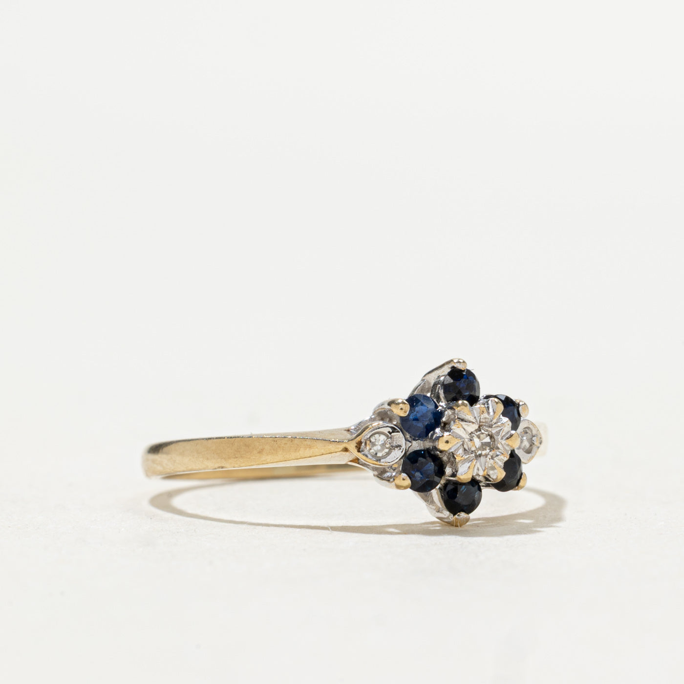 1985 London 9K Sapphire & Diamond Floral Cluster Ring | 0.18ctw, 0.02ct | SZ 7.25