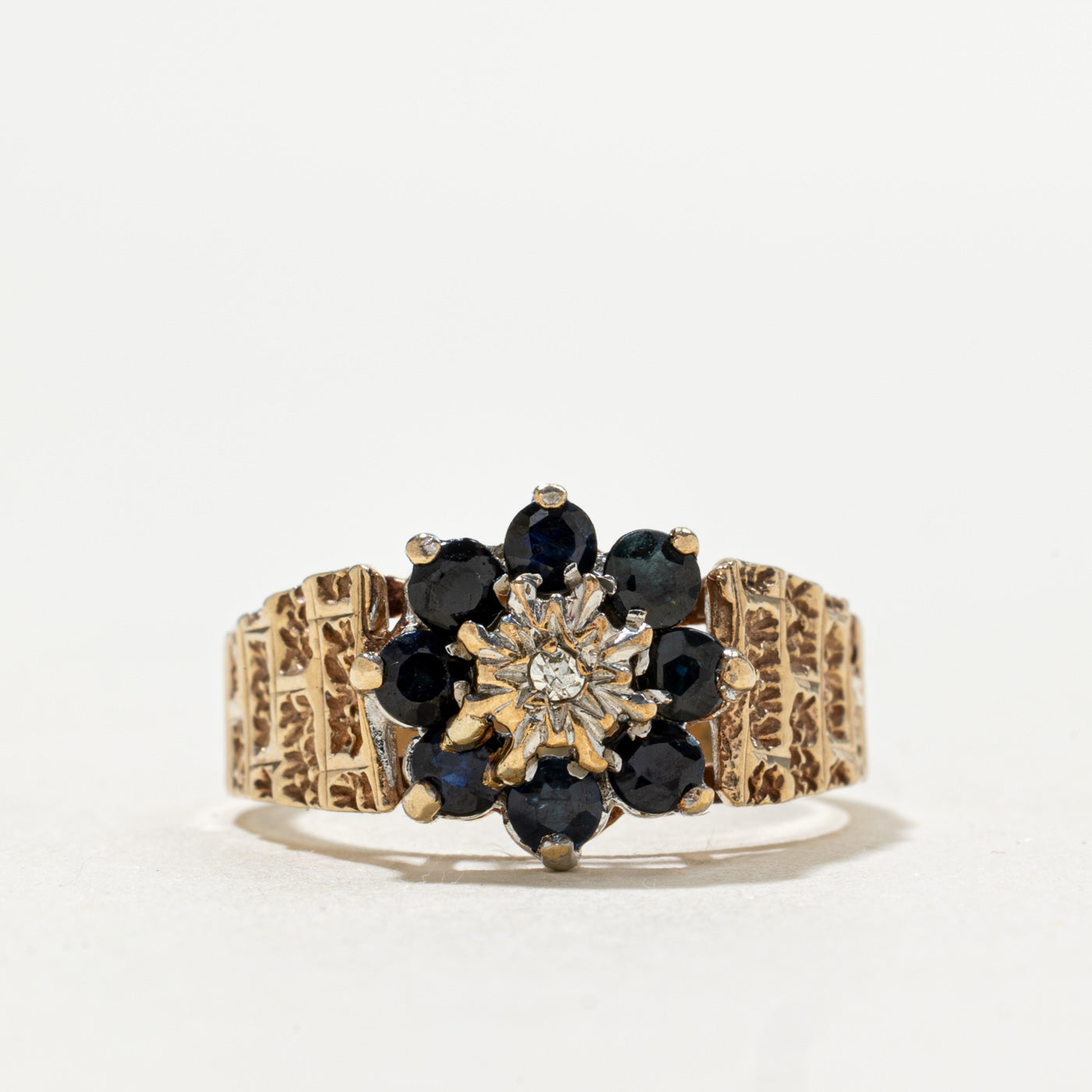1979 Birmingham 9K Sapphire & Diamond Floral Cluster Ring | 0.40ctw, 0.01ctw | SZ 7