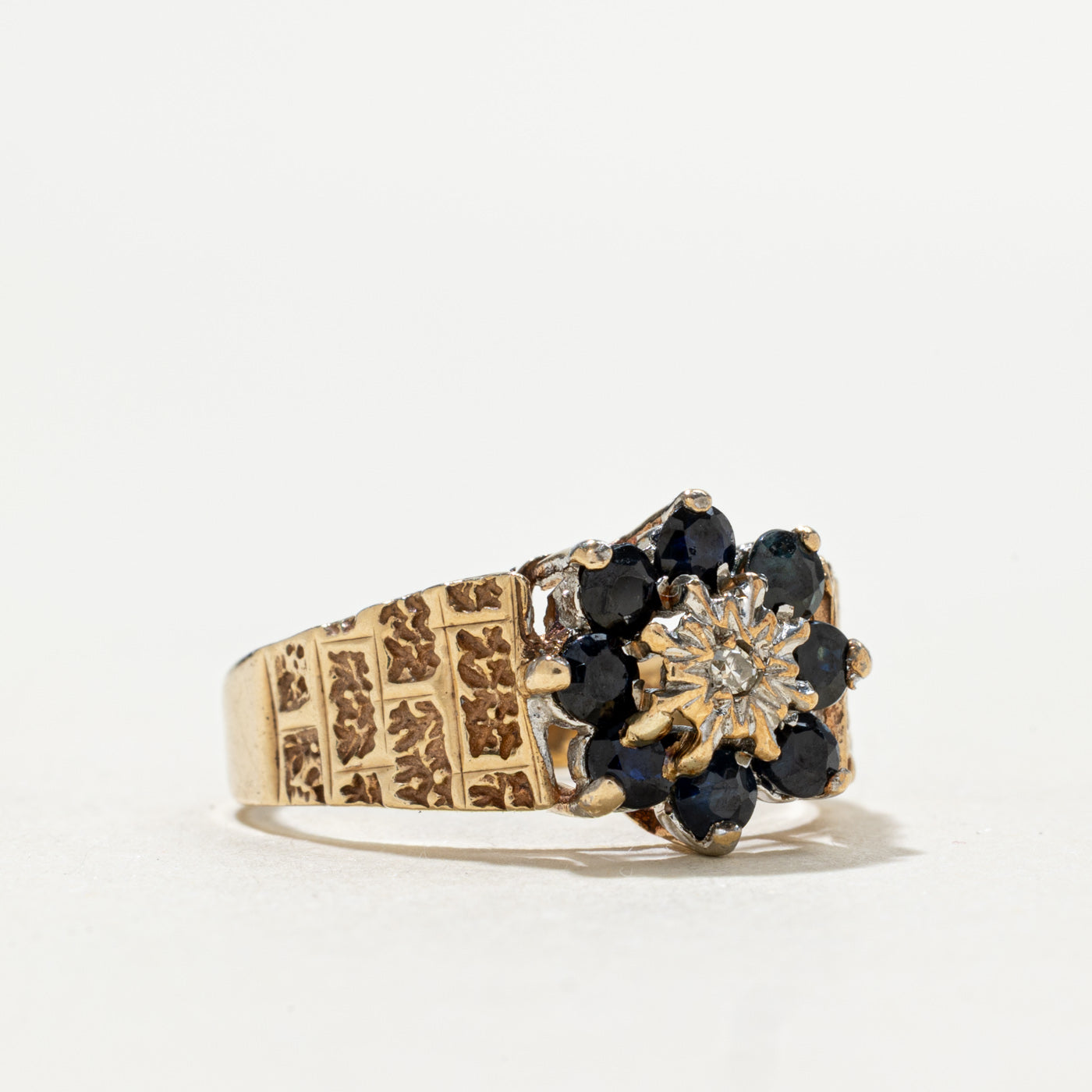1979 Birmingham 9K Sapphire & Diamond Floral Cluster Ring | 0.40ctw, 0.01ctw | SZ 7