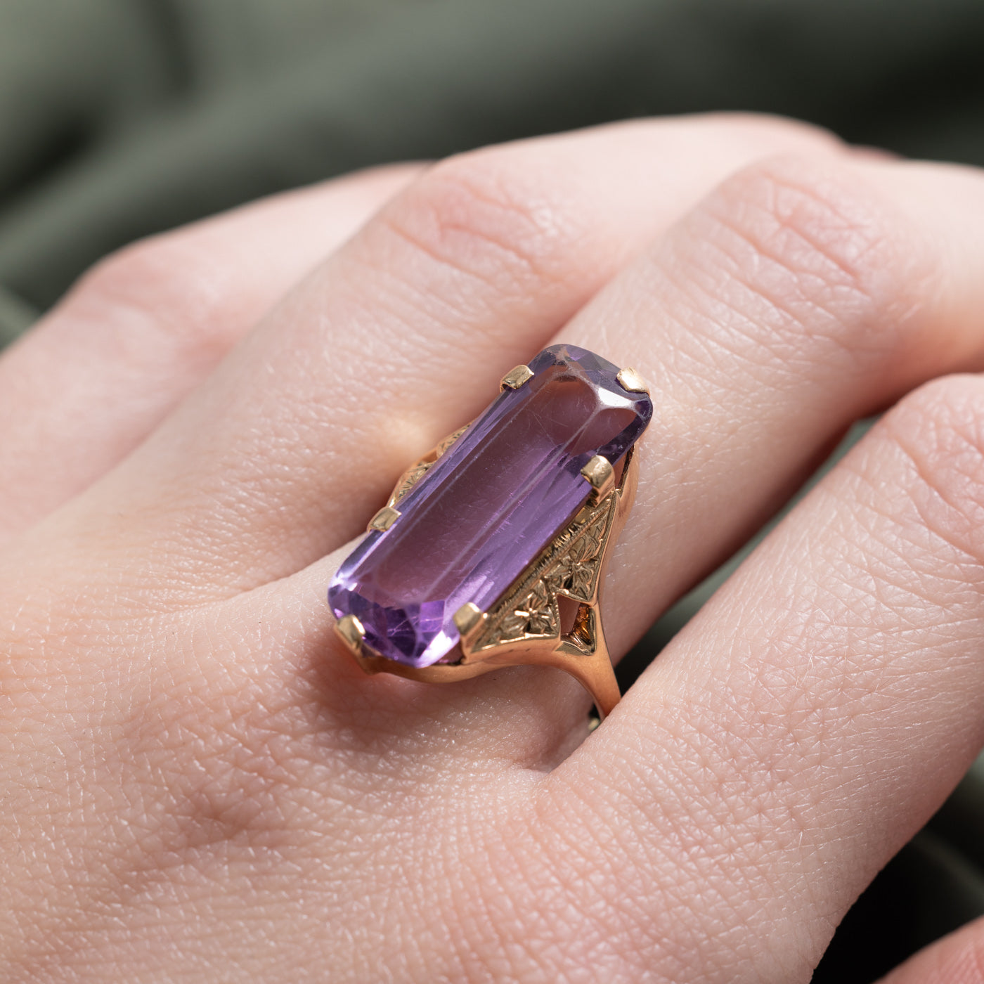 Cushion Cut Amethyst Floral Engraved Ring | 10.00ct | SZ 8.75