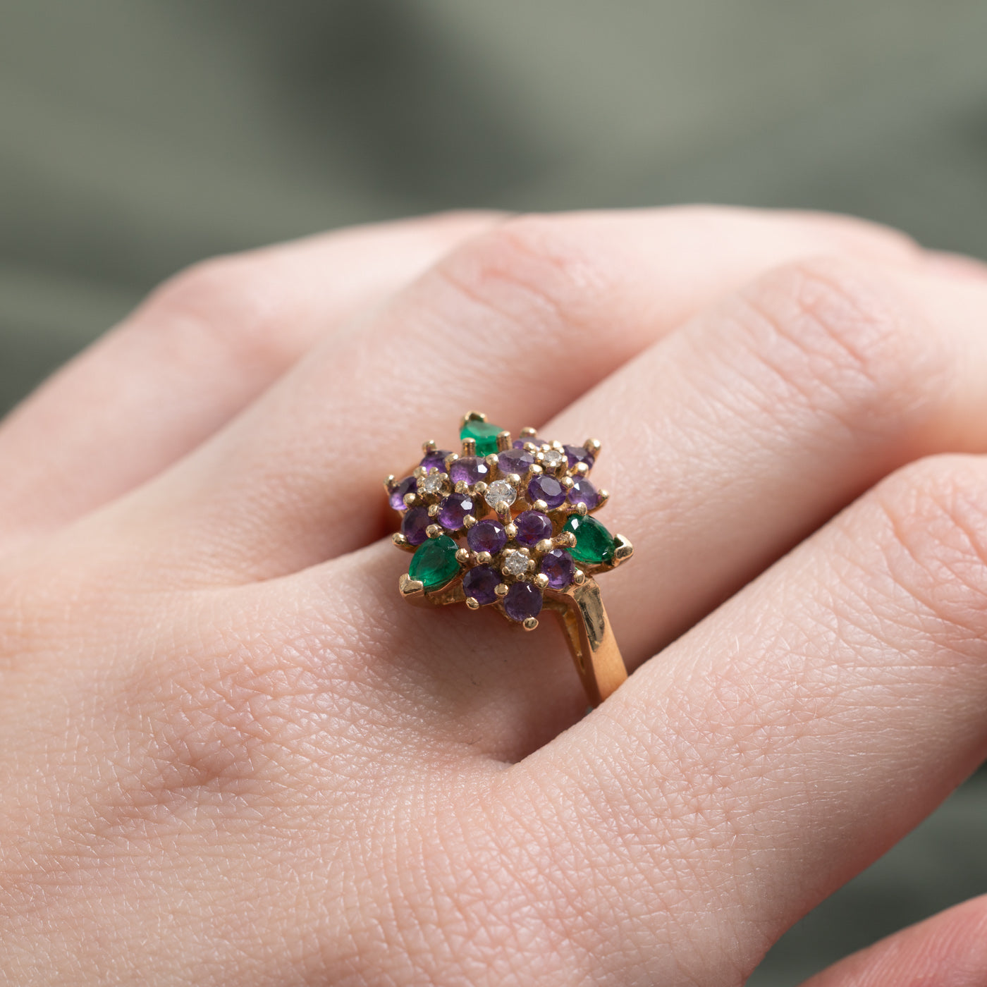 Amethyst, Emerald & Diamond Floral Cluster Cocktail Ring | 0.80ctw, 0.07ctw | SZ 8.5