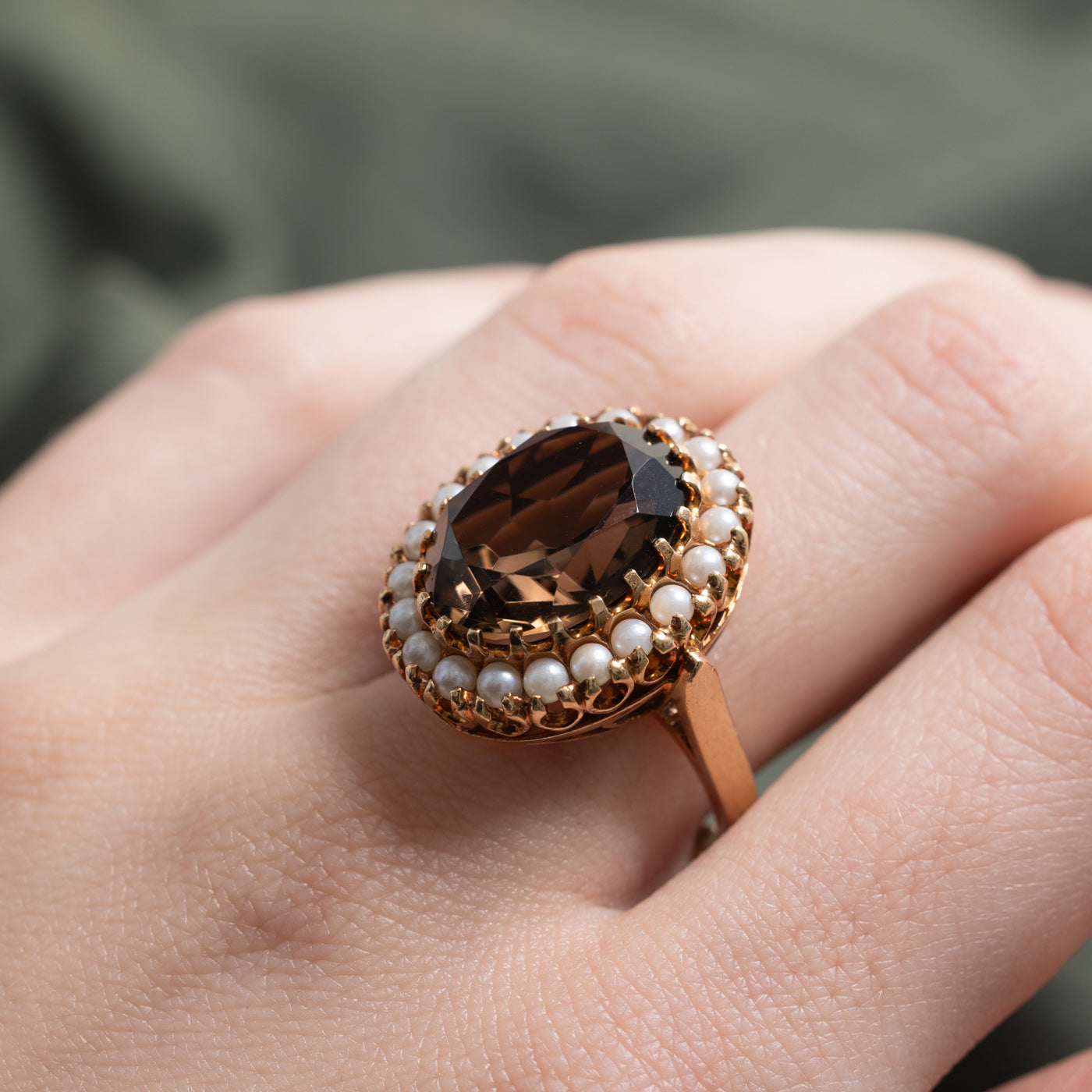 Smoky Quartz & Seed Pearl Halo Cocktail Ring | 10.00ct | SZ 8.0