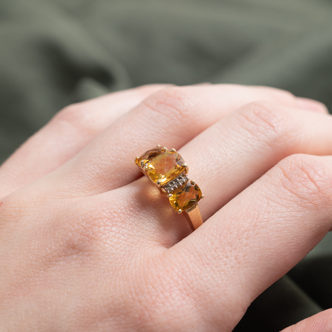 Three Stone Cushion Cut Citrine & Diamond Ring | 2.80ctw, 0.05ctw | SZ 6.75