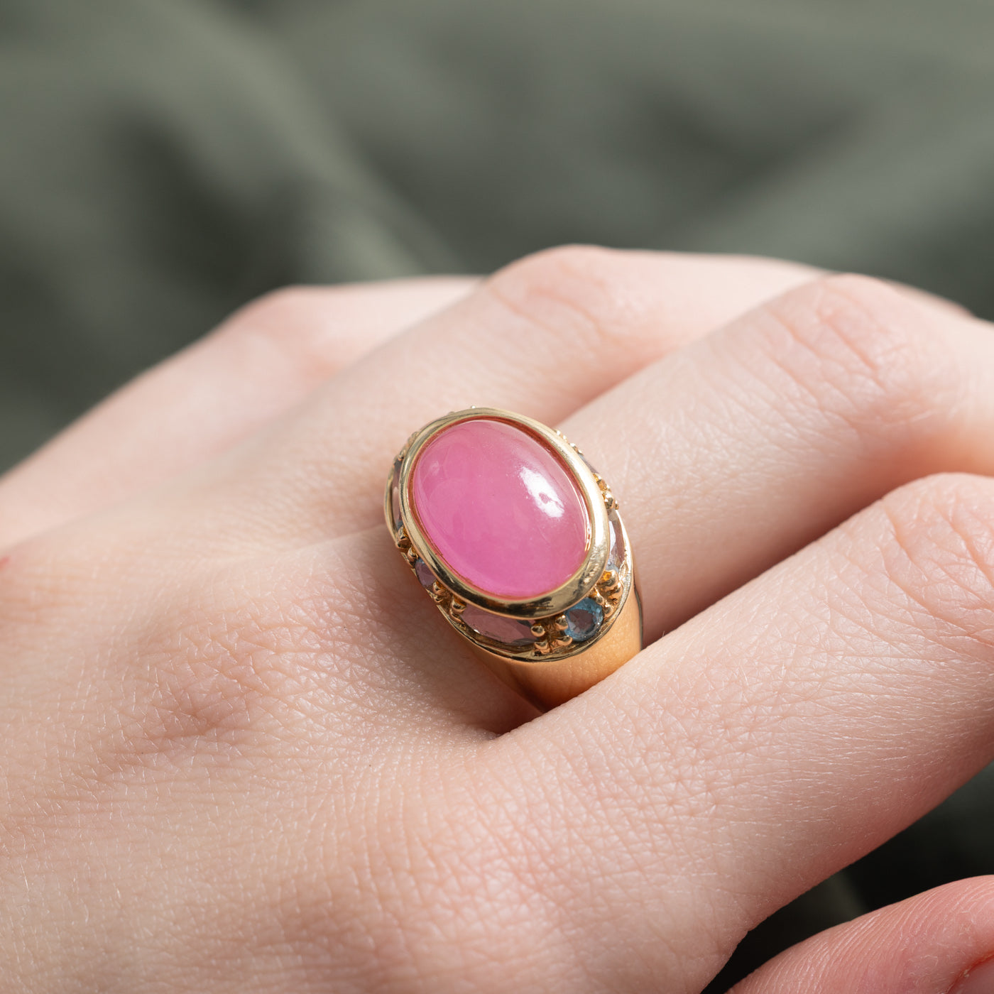 Dyed Jadeite Cabochon, Aquamarine and Topaz Cocktail Ring | 6ct, | SZ 8.0