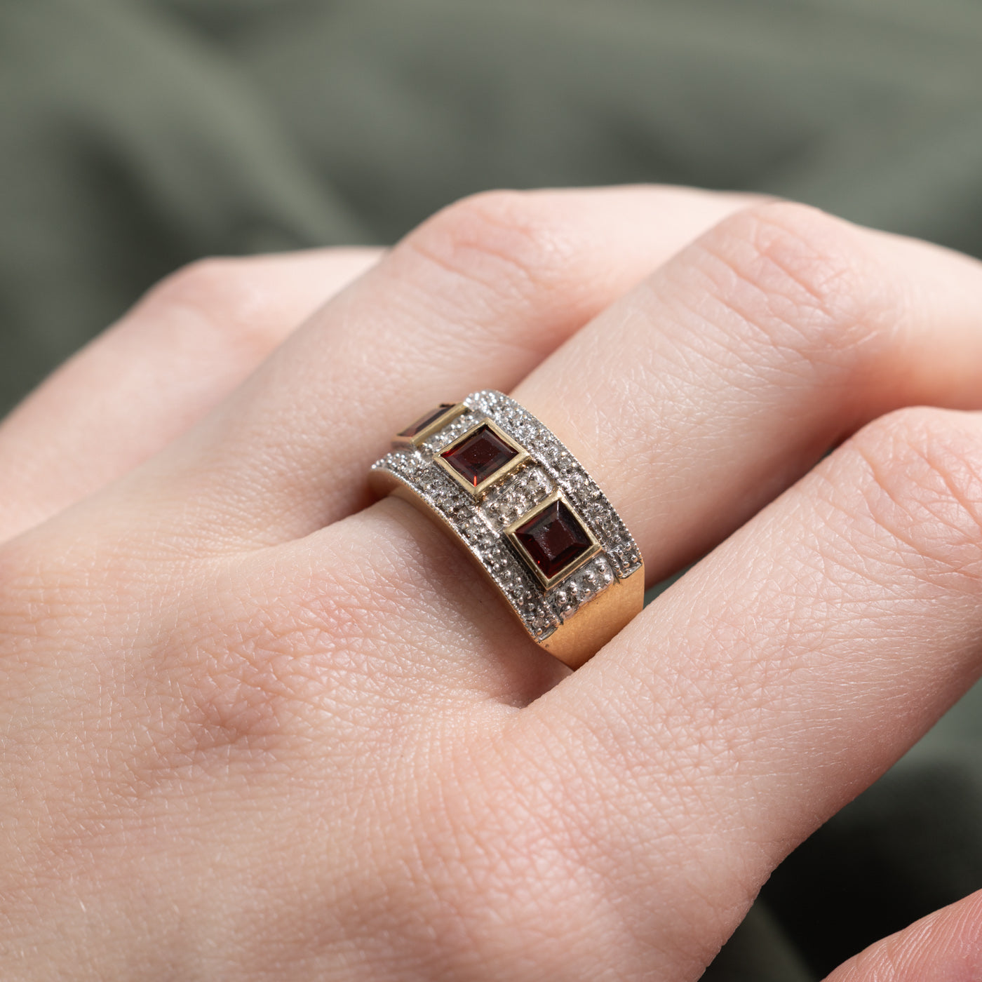 Garnet & Diamond Halo Geometric Band | 1.50ctw, 0.20ctw | SZ 8.0