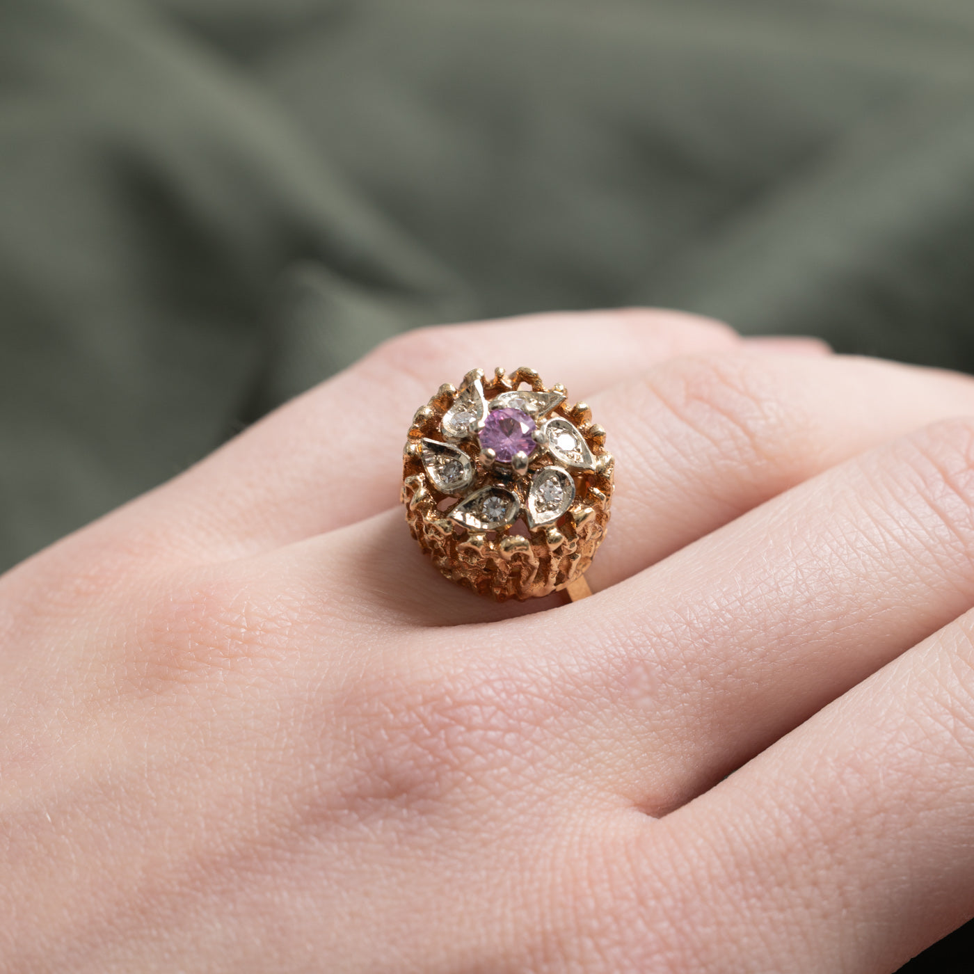 Synthetic Sapphire & Natural Diamond Floral Cocktail Ring | 0.34ct, 0.12ctw | SZ 6.0