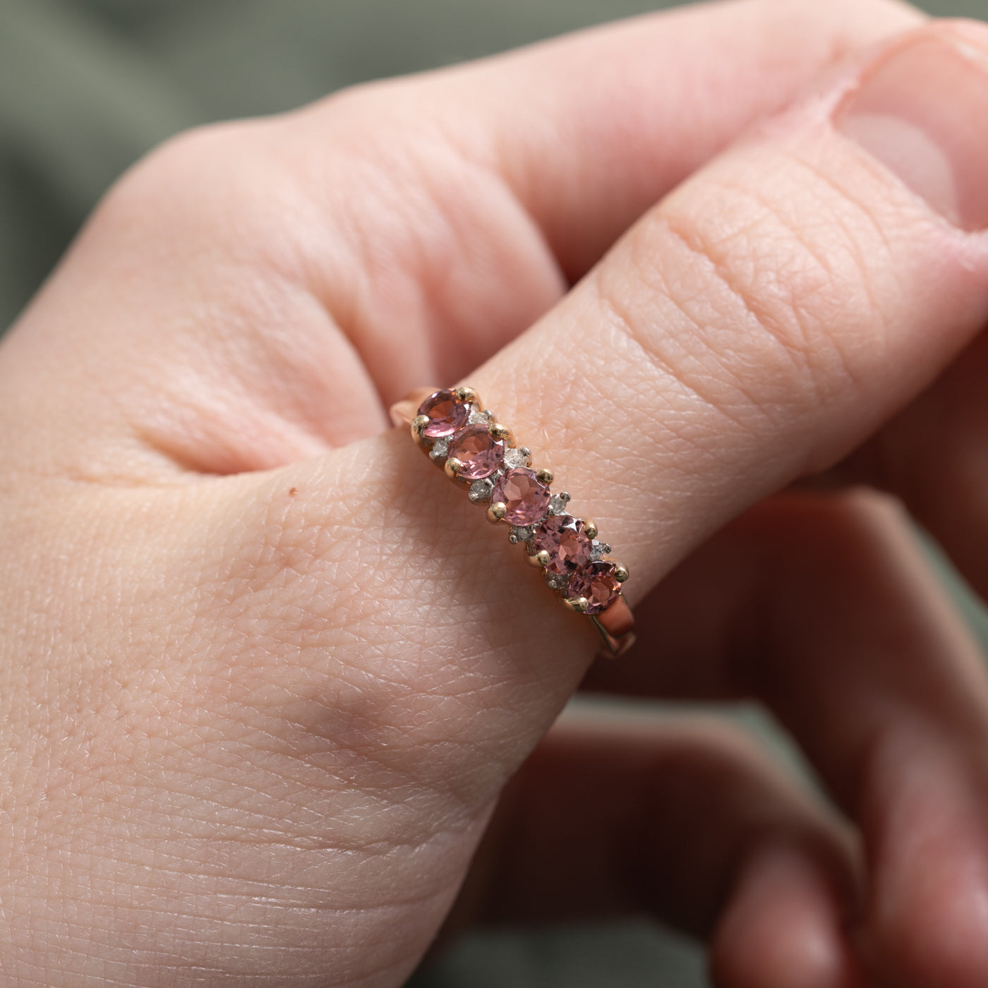 Five Stone Pink Tourmaline & Diamond Accented Ring | 0.90ctw, 0.04ctw | SZ 9.0