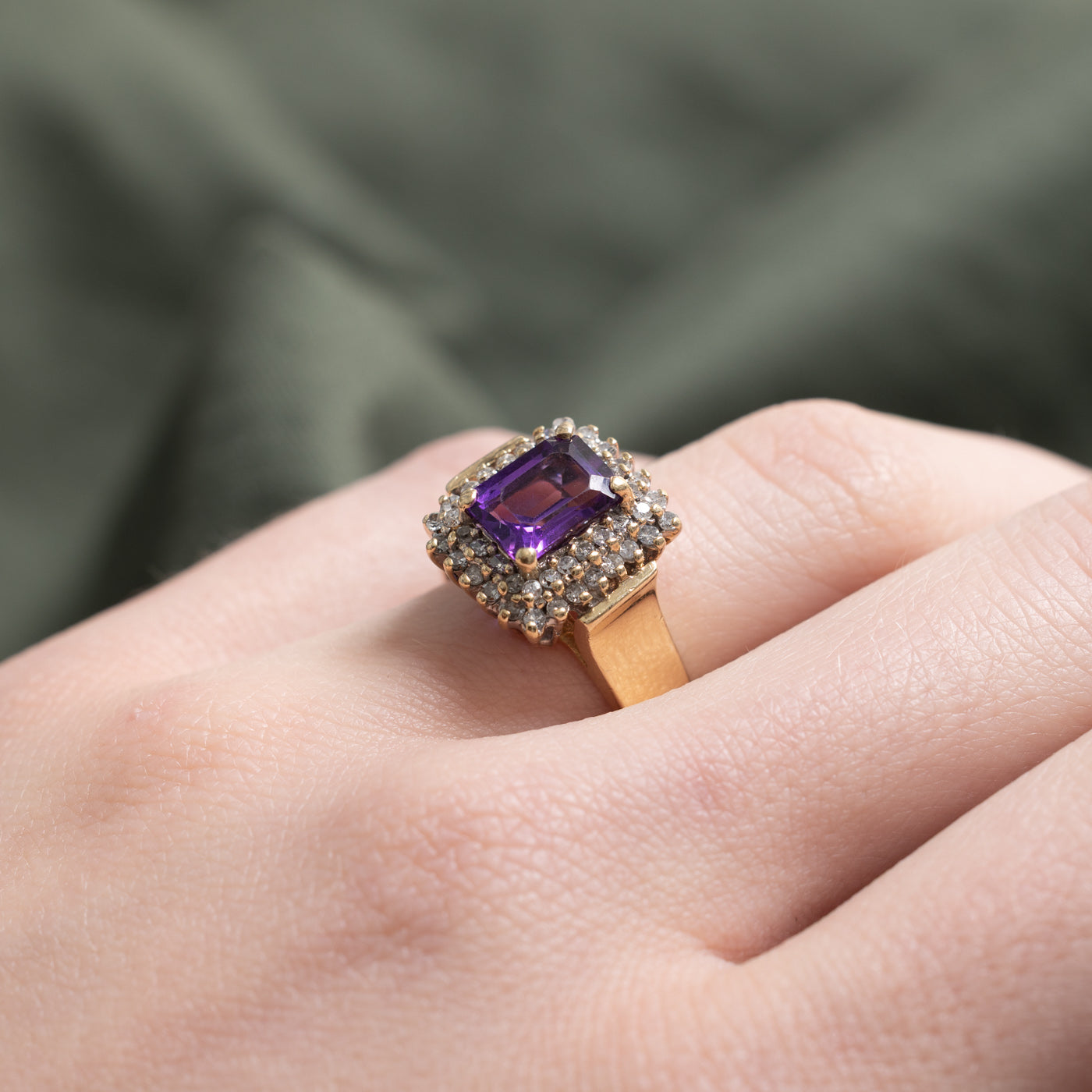 Emerald Cut Amethyst & Diamond Petal Halo Ring | 1.50ct, 0.40ctw | SZ 6.25