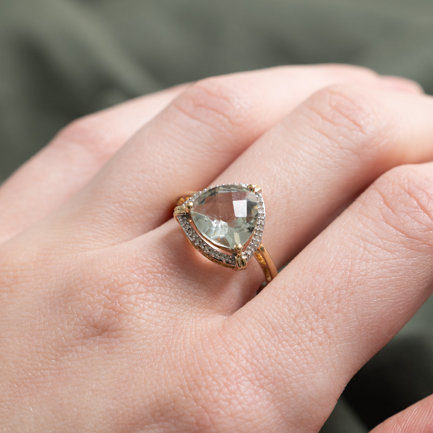 Trillion Cut Prasiolite & Diamond Halo Ring | 2.40ct, 0.10ctw | SZ 7.0