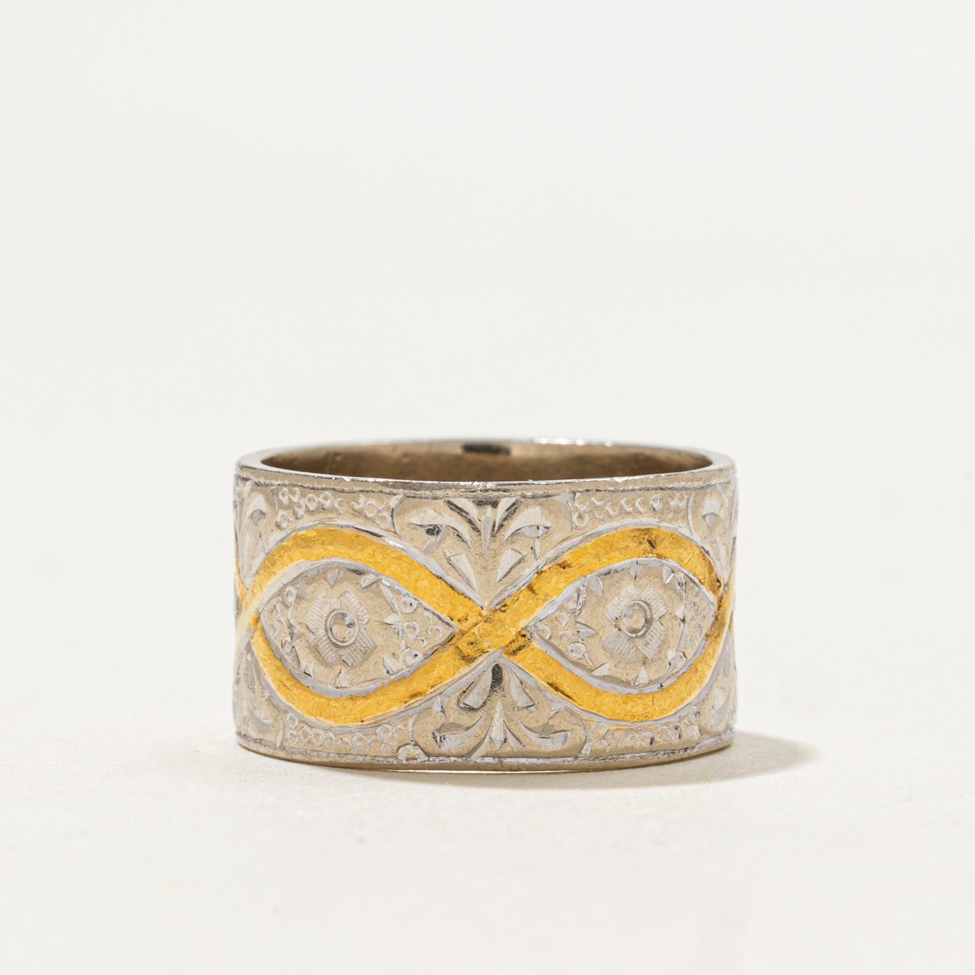 London 18k Two Tone Gold Floral Engraved Cigar Band | 10mm | SZ 5.25