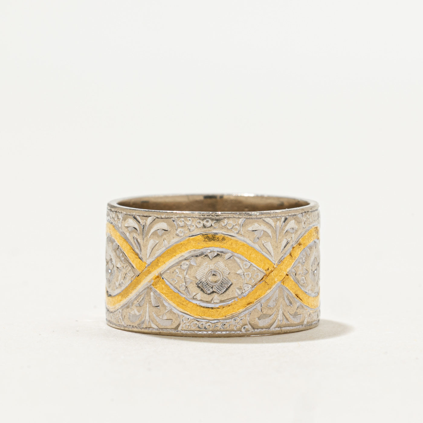 London 18k Two Tone Gold Floral Engraved Cigar Band | 10mm | SZ 5.25