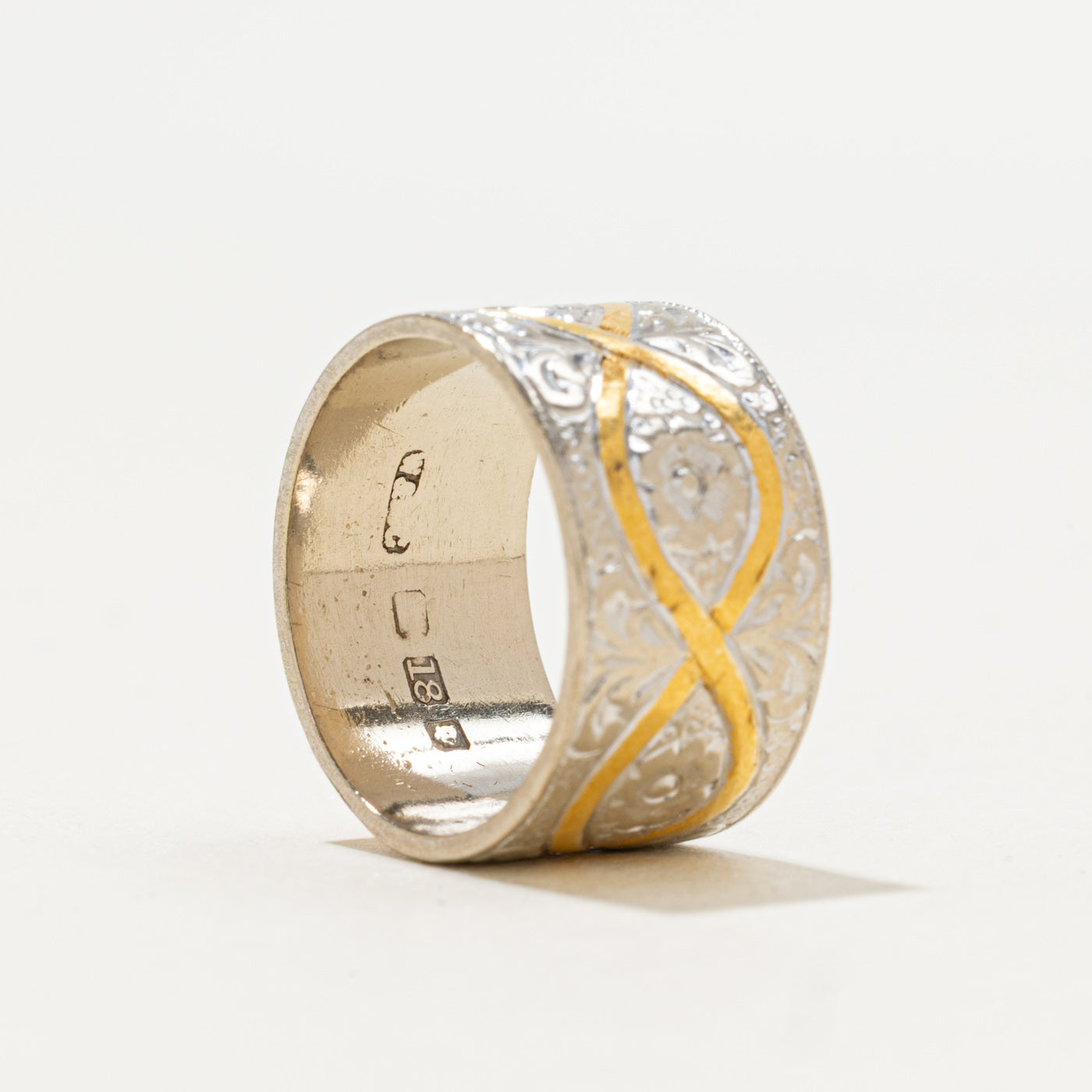 London 18k Two Tone Gold Floral Engraved Cigar Band | 10mm | SZ 5.25