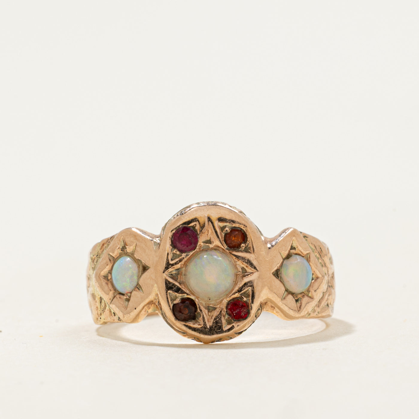 10k Opal & Garnet Victorian Style Ring | 0.25ctw, 0.06ctw | SZ 5.25