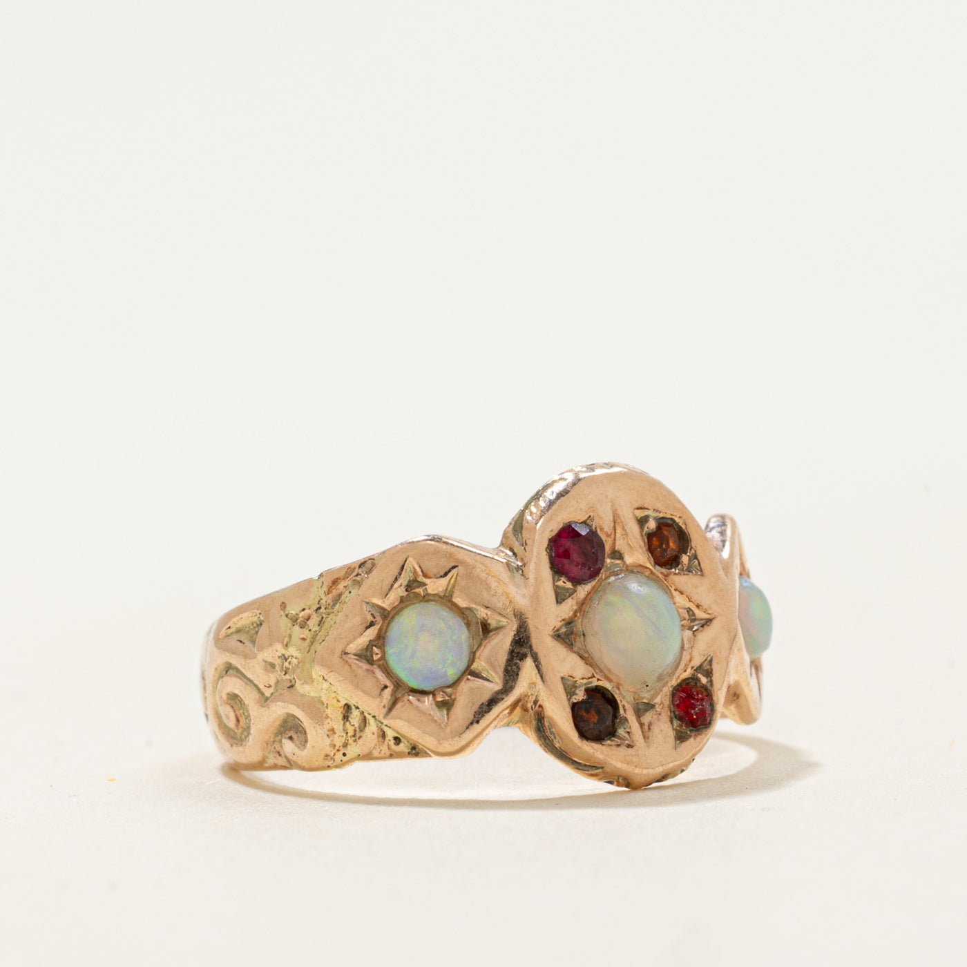 10k Opal & Garnet Victorian Style Ring | 0.25ctw, 0.06ctw | SZ 5.25