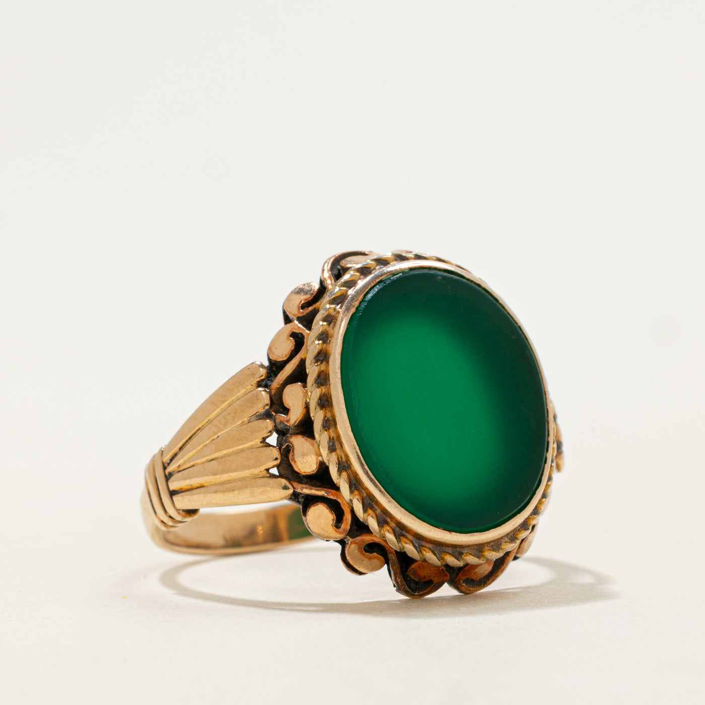 Mid Century 14k Green Agate Cabochon Ring | 5.5ct |  SZ 9.75