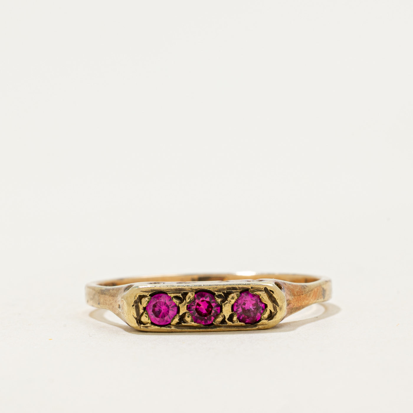14k Three Stone Synthetic Ruby Ring | 0.26ctw | SZ 8.25
