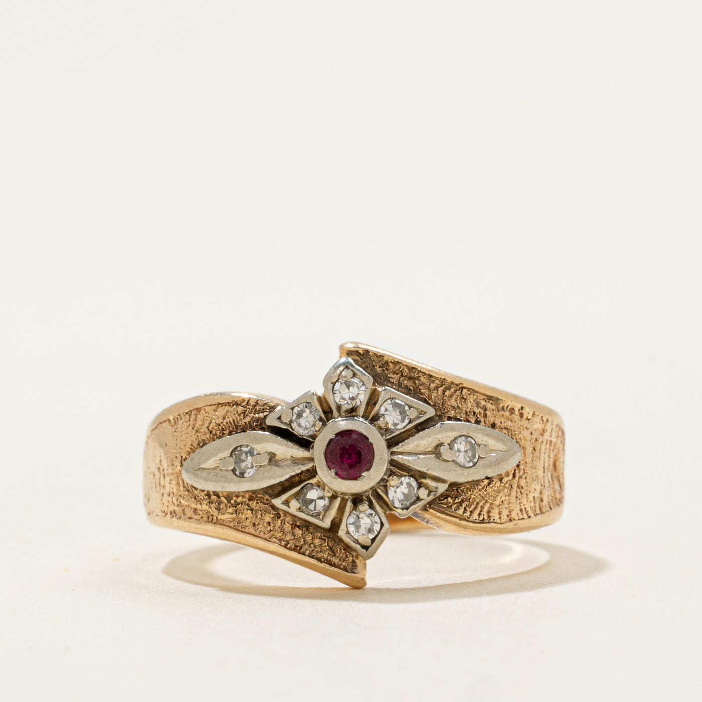 14k Two Tone Gold Ruby & Diamond Floral Ring | 0.04ct, 0.08ctw | SZ 5