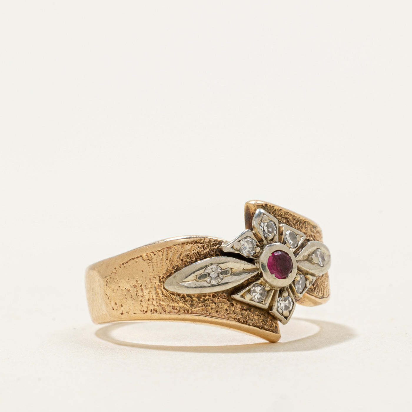 14k Two Tone Gold Ruby & Diamond Floral Ring | 0.04ct, 0.08ctw | SZ 5