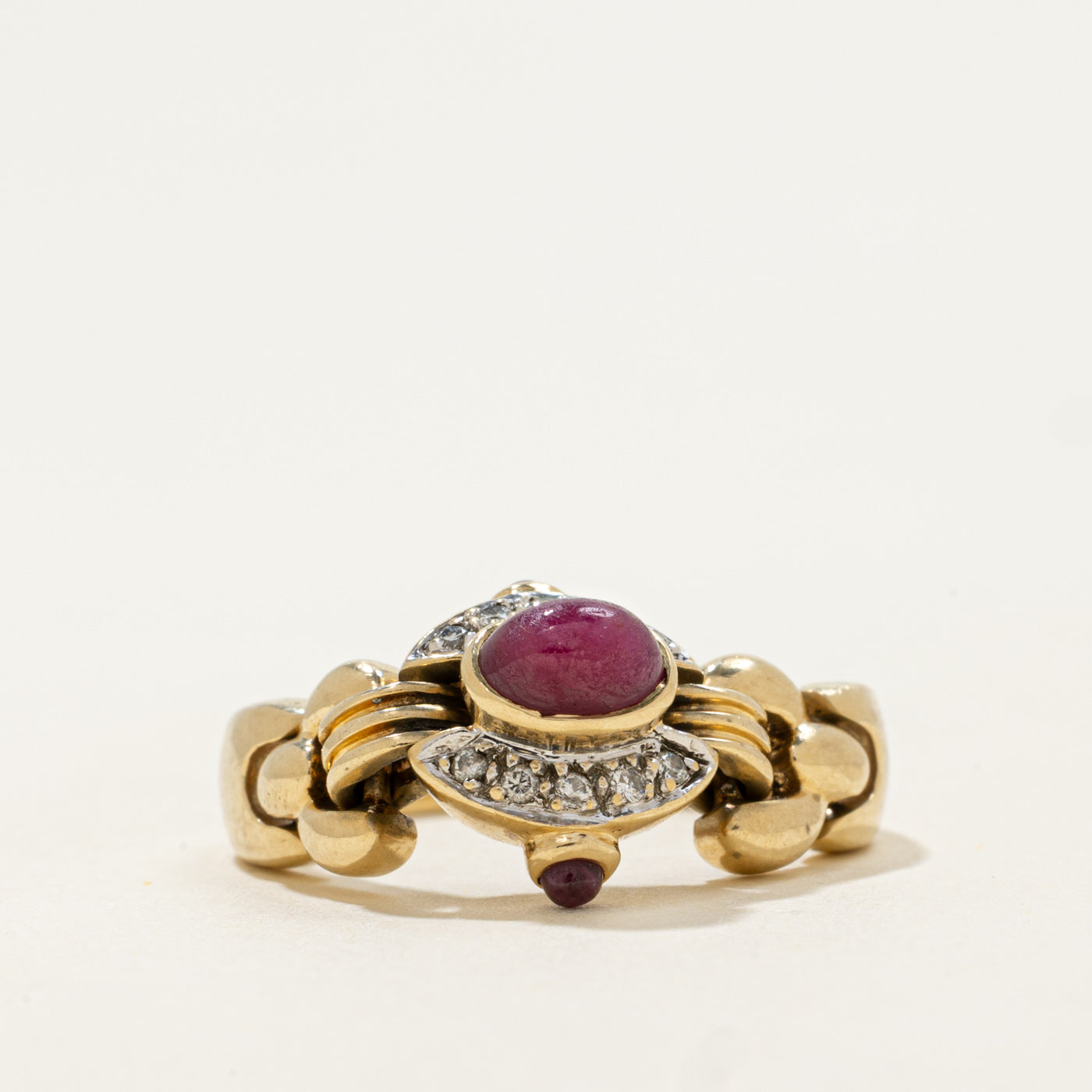 14k Ruby Cabochon & Diamond Half Chain Ring | 0.86ct, 0.05ctw | SZ 8.75