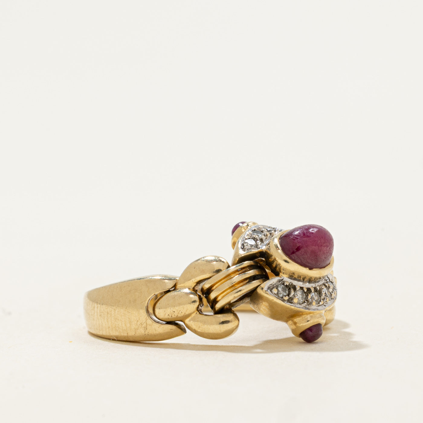 14k Ruby Cabochon & Diamond Half Chain Ring | 0.86ct, 0.05ctw | SZ 8.75