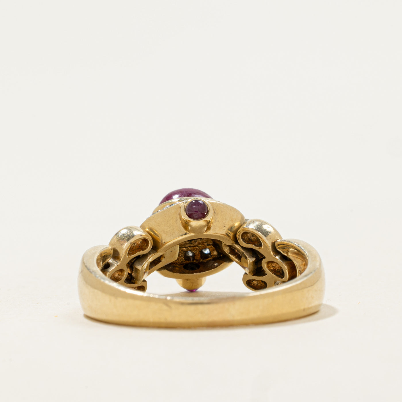 14k Ruby Cabochon & Diamond Half Chain Ring | 0.86ct, 0.05ctw | SZ 8.75