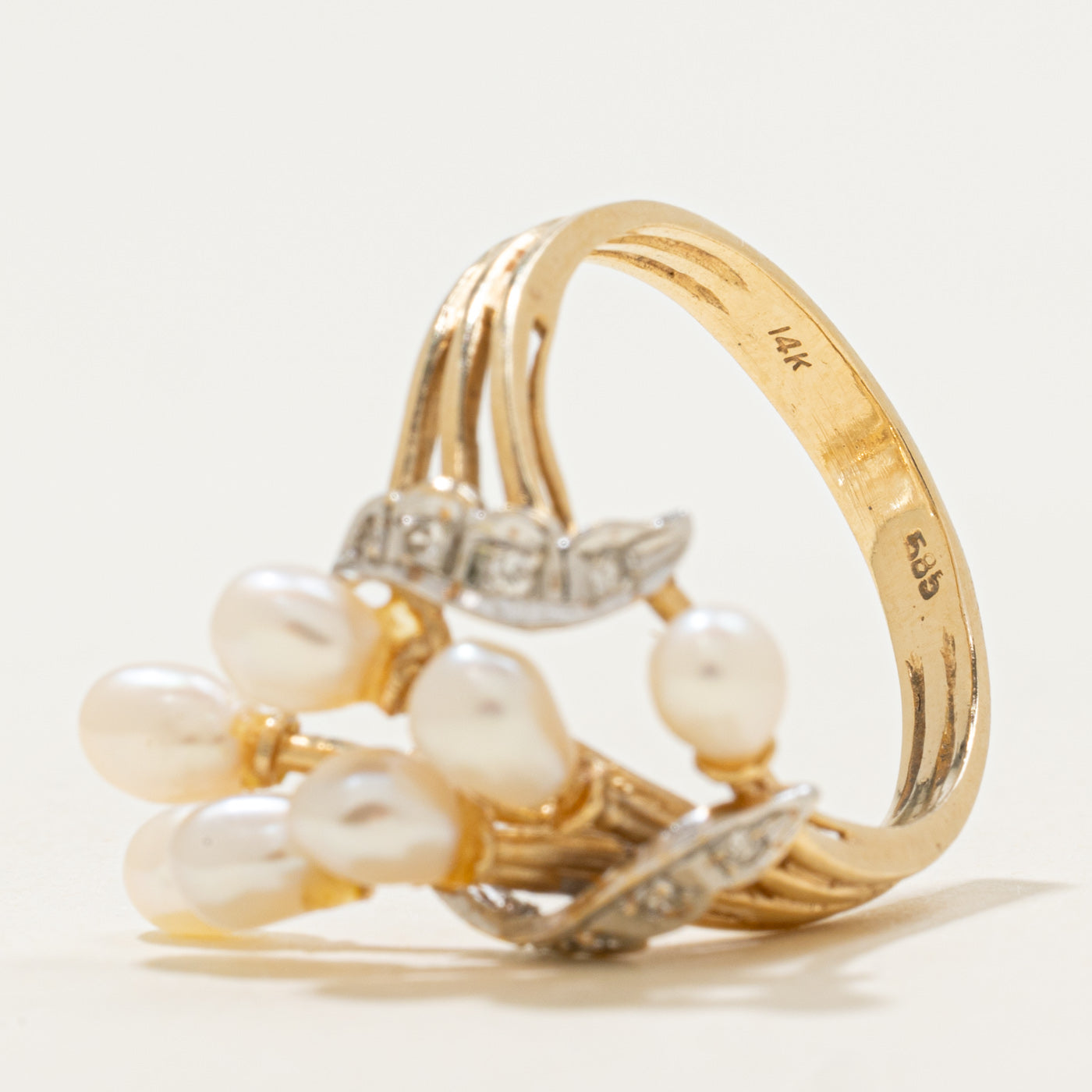 14k Pearl & Diamond Waterfall Ring | 0.04ct | SZ 6.75 |