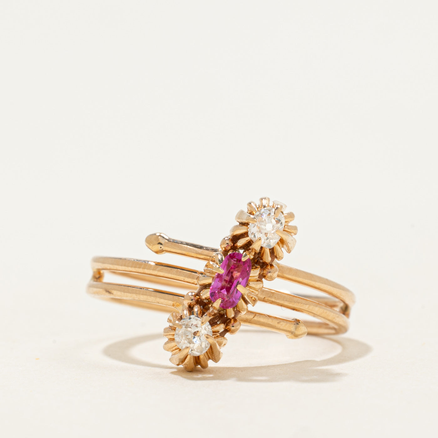 14k Three Stone Ruby & Old Mine Cut Diamond Wrap Ring | 0.07ct, 0.16ctw |