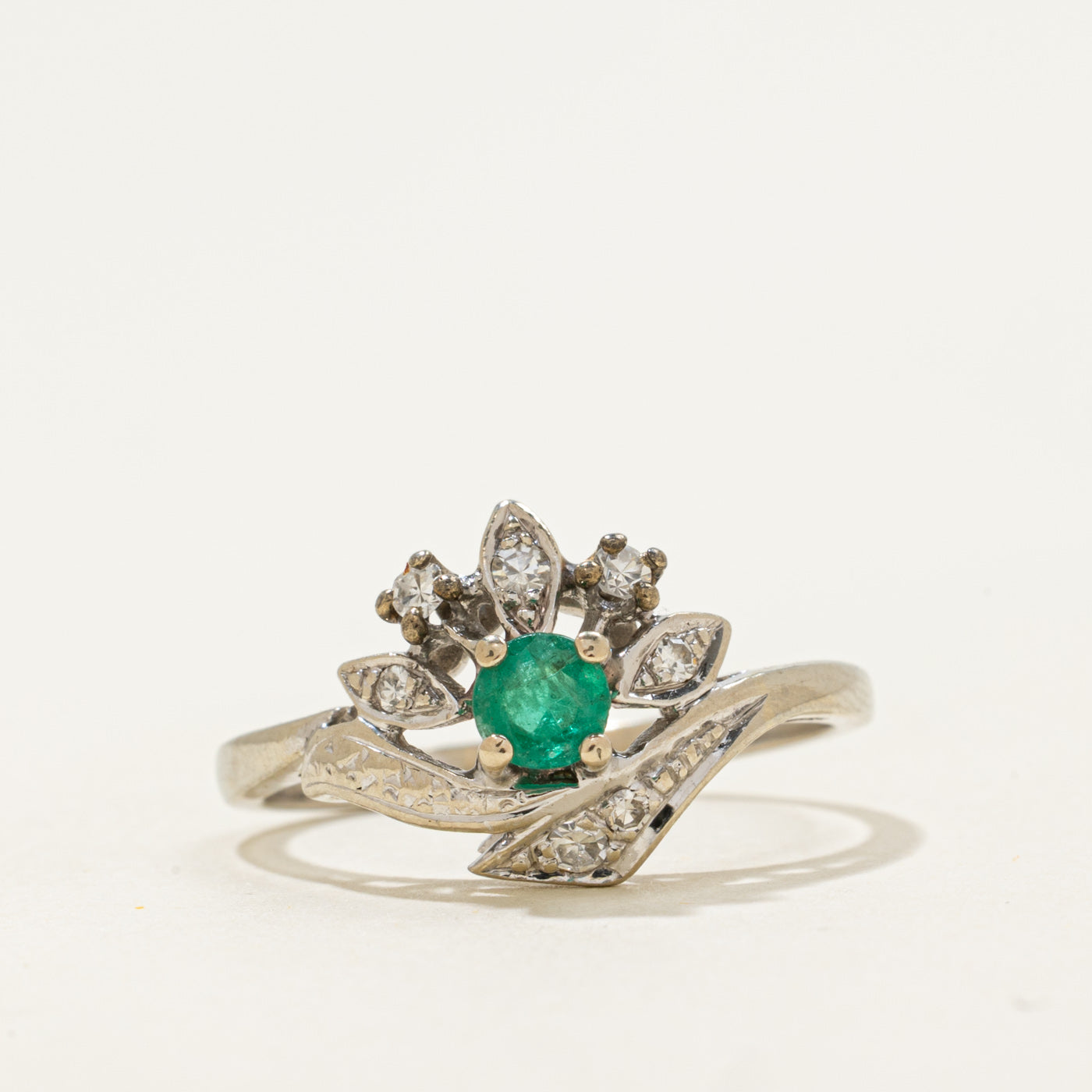 'Birks' Emerald & Diamond Floral Accented Ring | 0.25ct, 0.08ctw | SZ 7.75