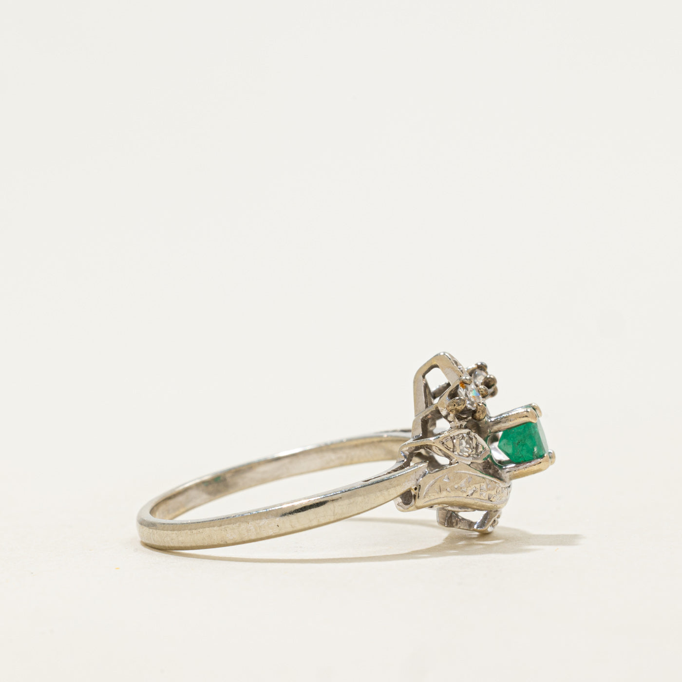 'Birks' Emerald & Diamond Floral Accented Ring | 0.25ct, 0.08ctw | SZ 7.75