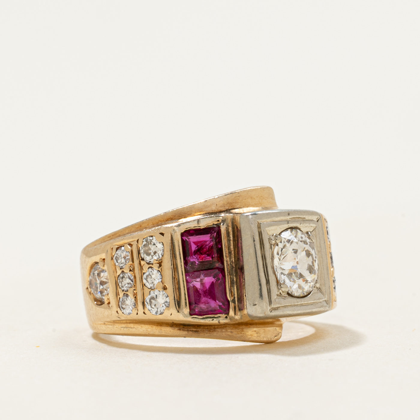 14k Old European Diamond & Ruby Crossover Ring | 0.39ct, 0.29ctw, 0.3ctw | SZ 3.5