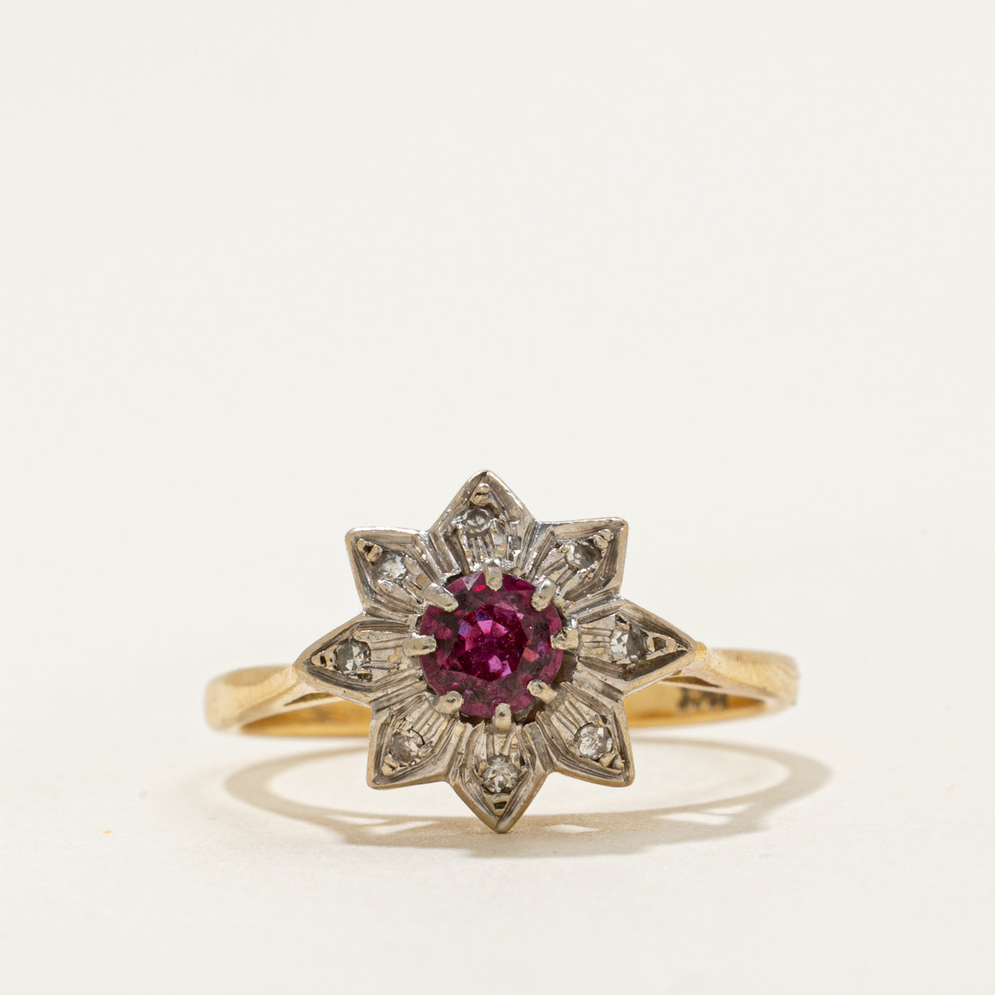 Art Deco 18k Ruby & Single Cut Diamond Star Ring | 0.41ct, 0.04ctw | SZ 6.5