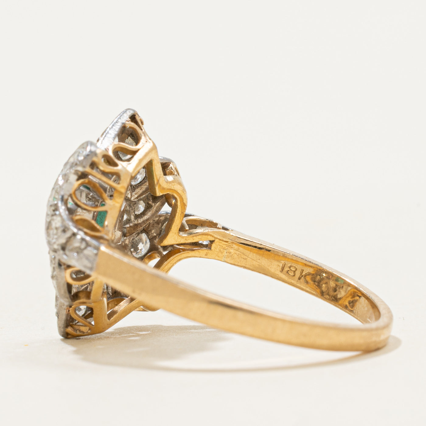 Vintage 18k Emerald & Diamond Swirl Crossover Ring | 0.31ct, 0.42ctw | SZ 7.75